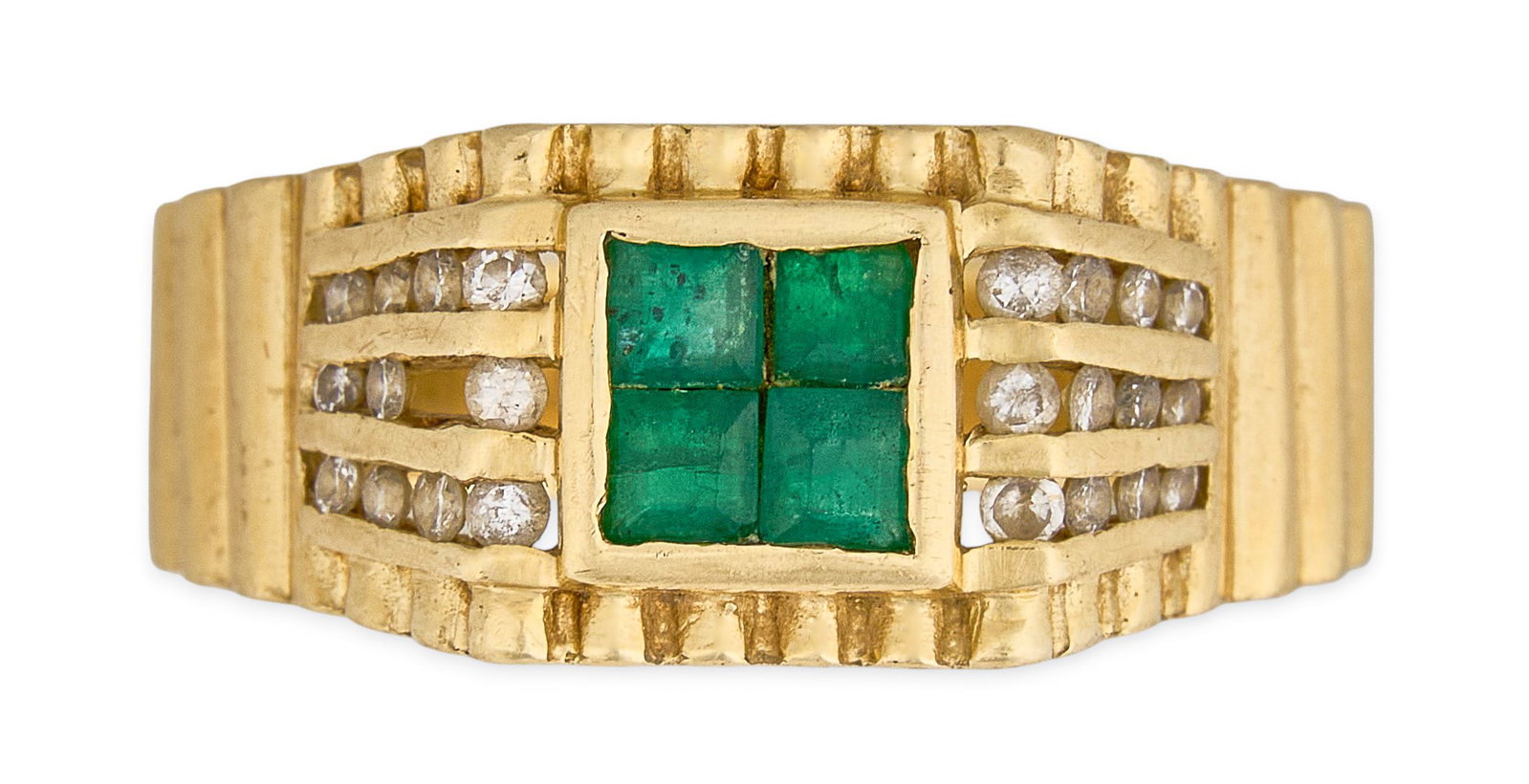 14K Diamond & Emerald Ring: 14K gold ring centering four square-cut emeralds in a bezel setting, accented by rows of round faceted diamonds, on ribbed band, marked "14K 585 CKC" Size: 8 Total weight: 5.72 g