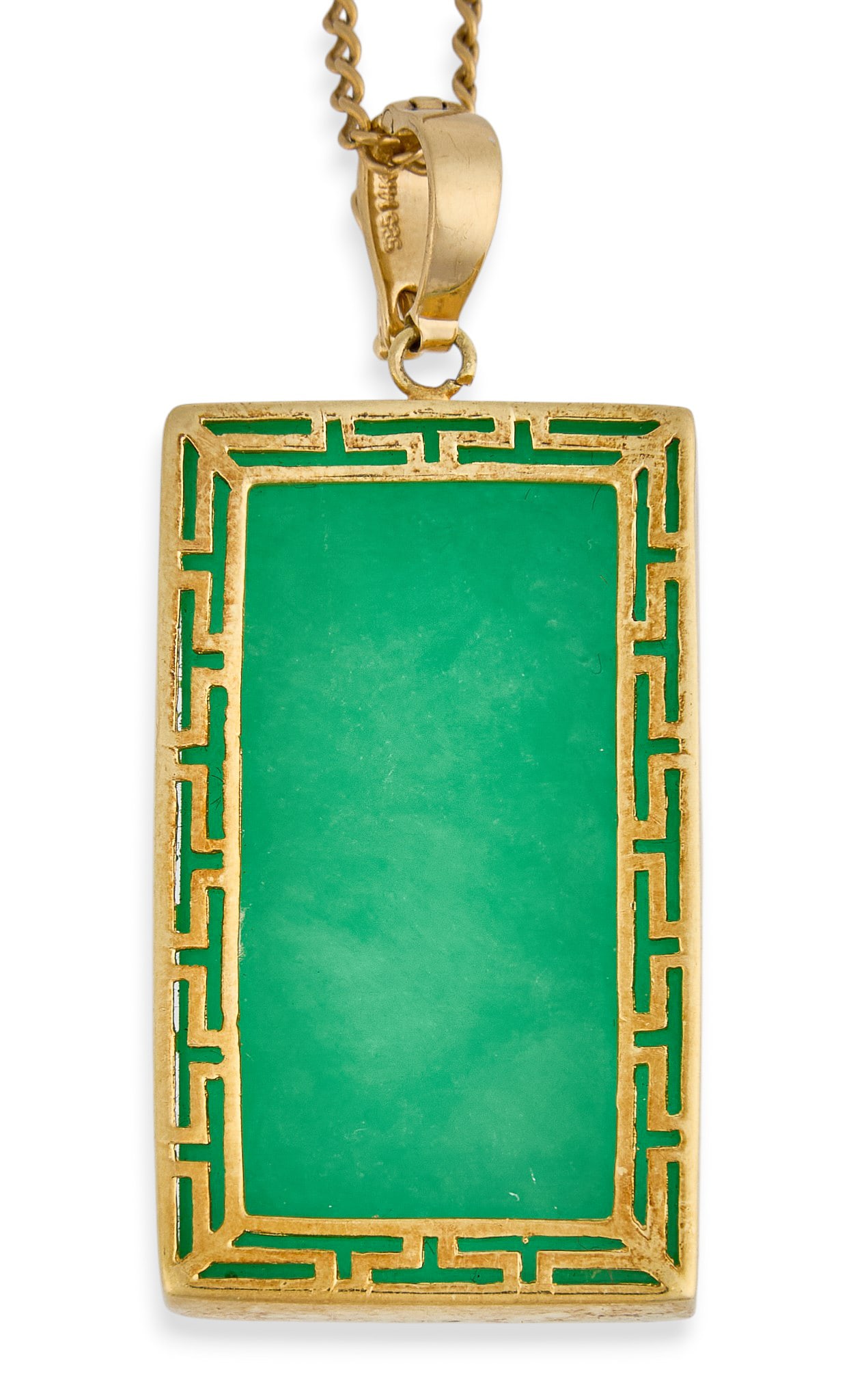 14K Jade Pendant Necklace: 14K gold pendant necklace set with rectangular jade in a pierced framework setting, pendant and clasp marked "585 14K" Length: 19.5 in. Total weight:19.2 g Provenance: Property from a home