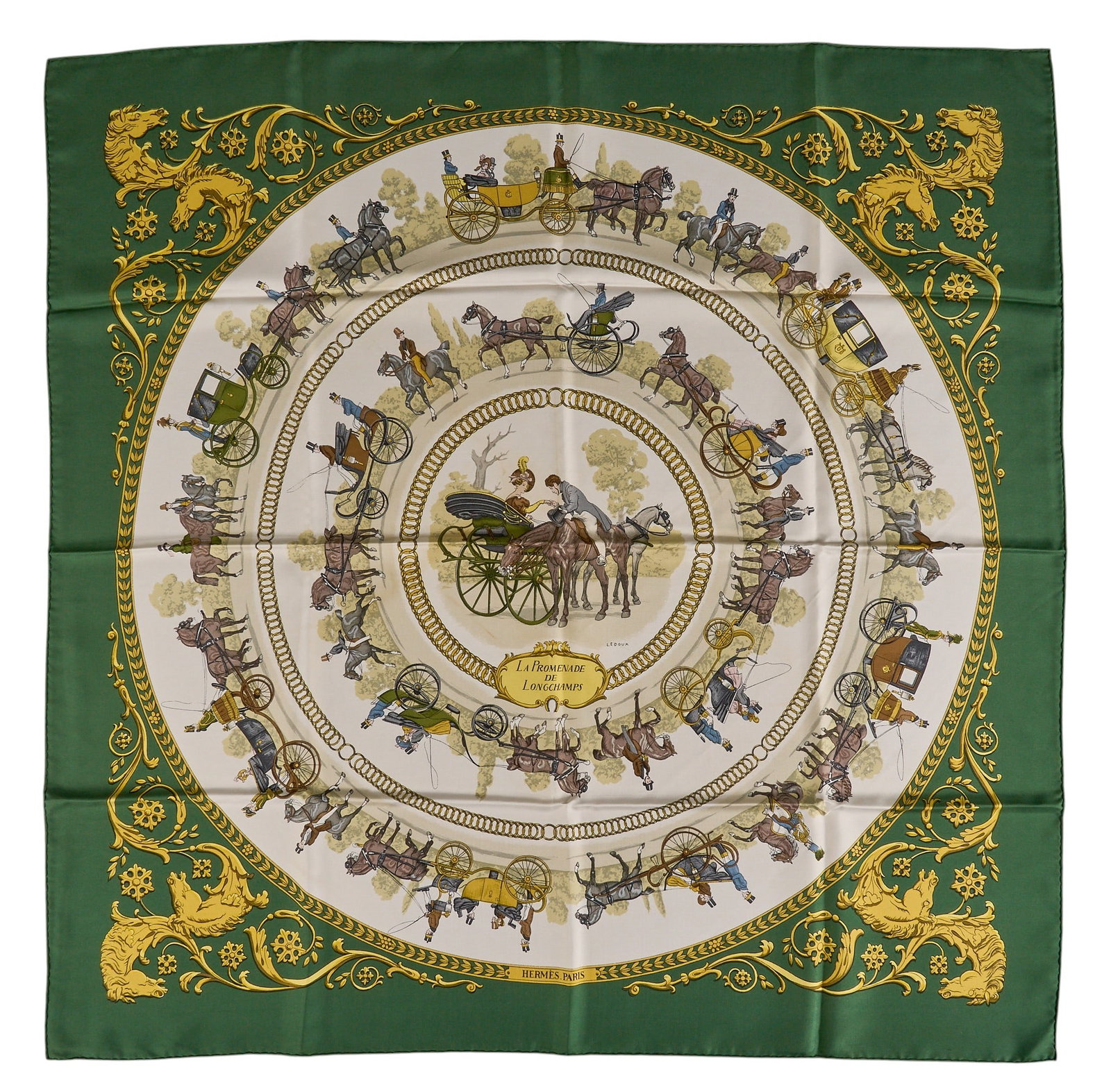 Hermes La Promenade de Longchamps Silk Scarf: Hermes "La Promenade de Longchamps" silk scarf, designed by Philippe Ledoux Square: 34 in. Condition A; excellent condition, shows little signs of wear Provenance: Property from a