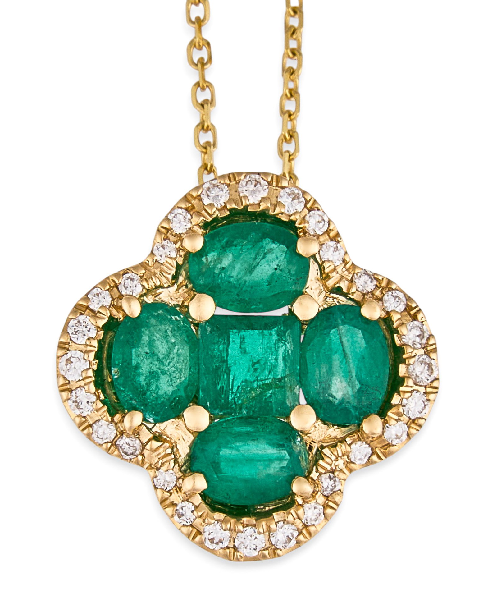 Venetti 14K Diamond Emerald Necklace: Venetti 14K gold pendant necklace set with square and oval-cut emeralds, approximately 1.69 ctw, accented by halo of round diamonds, approximately 0.12 ctw, marked "14K Venetti" Length: 16 i