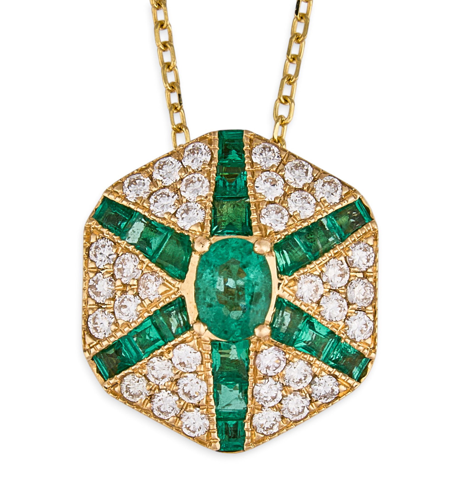 Venetti 14K Diamond Emerald Necklace: Venetti 14K gold pendant necklace centering an oval-cut emerald, accented by round brilliant-cut diamonds and additional square-cut emeralds in pave settings, marked "14K Venneti" Length: