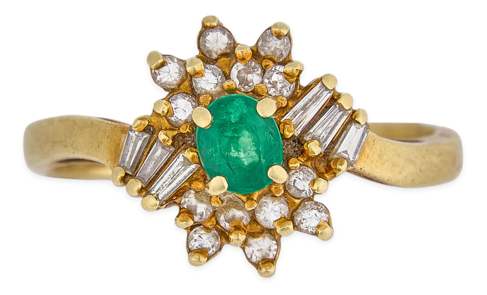 14K Diamond & Emerald Ring: 14K gold ring centering an oval-cut emerald, accented by round brilliant and baguette-cut diamonds in a cluster halo design, marked "14K" Size: 7 1/2 Total weight: 4.05 g