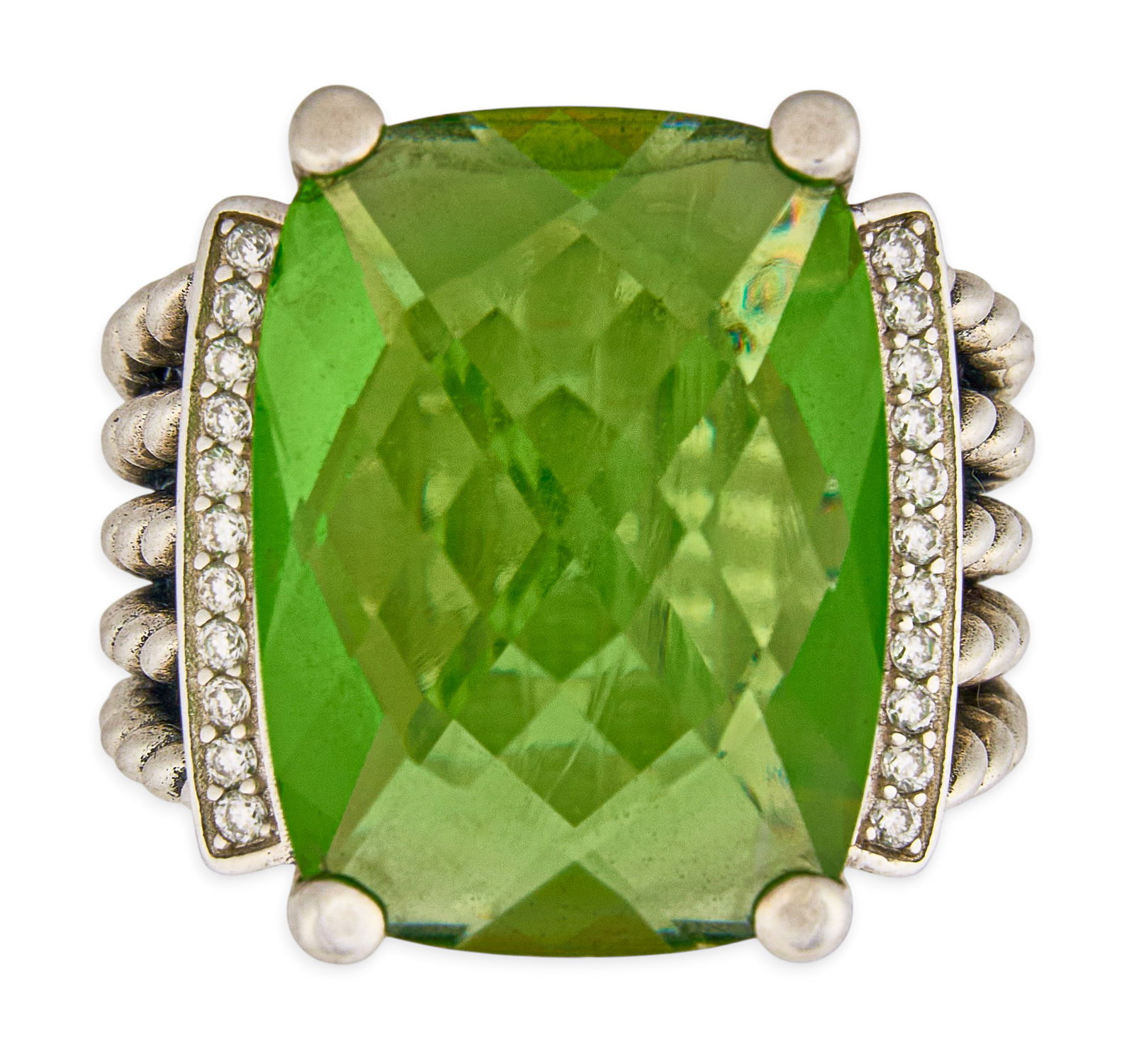 David Yurman Sterling Silver Diamond & Peridot Ring: David Yurman sterling silver ring set with large faceted peridot center stone, accented my two rows of round diamonds, marked "D.Y. 925" Size: 8 Total weight: 12.58 g Provenance: Property