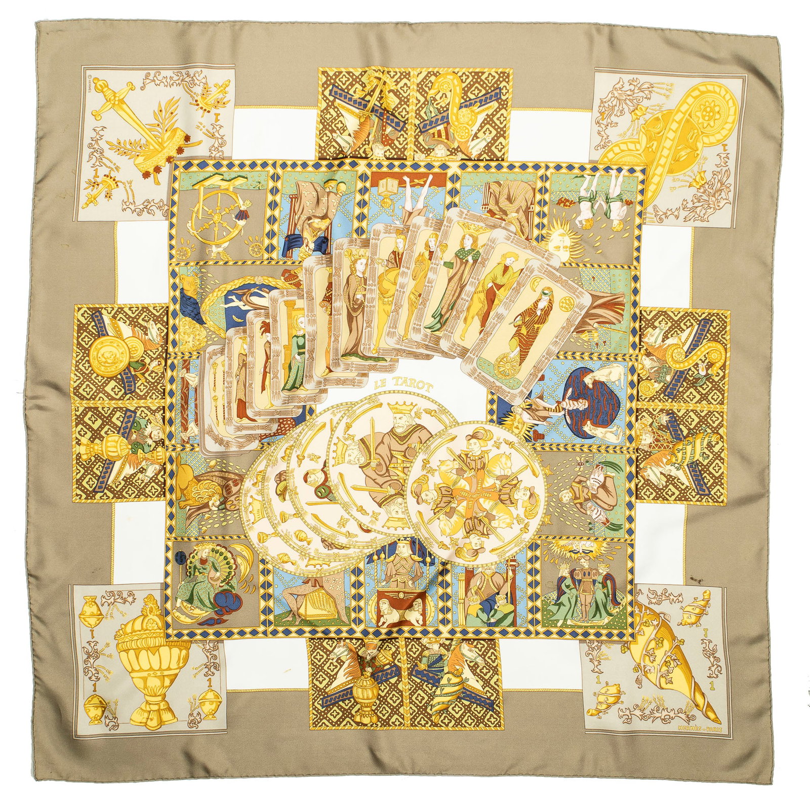 Hermès Le Tarot Silk Scarf: Hermès "Le Tarot" silk scarf, designed by Annie Faivre Square: 35.5 in. Condition AB; very good condition, shows regular signs of wear