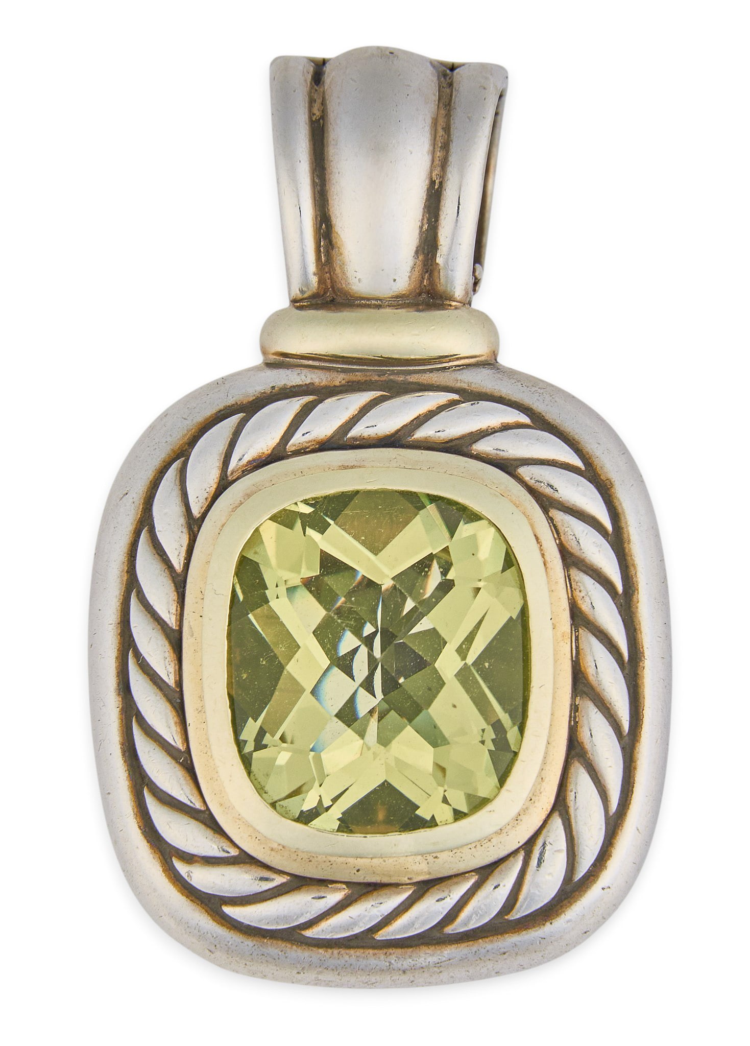 David Yurman Sterling/14K Citrine Pendant: David Yurman sterling silver pendant set with faceted citrine set in 14K gold bezel setting, marked "D.Y. 925 585" Total weight: 24.8 g Provenance: Property from a home in the Alamo Heights