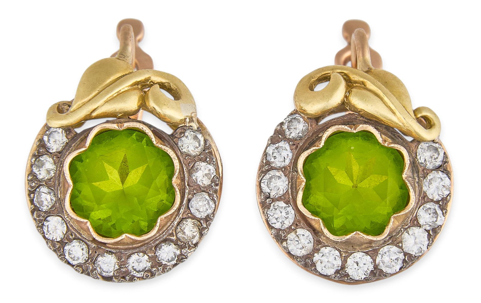 14K Diamond & Peridot Earrings: Pair of 14K gold earrings centering faceted peridot, accented by halo of round brilliant-cut diamonds, marked "14K" Total weight: 9.0 g Provenance: Property from a home in the Alamo Heights
