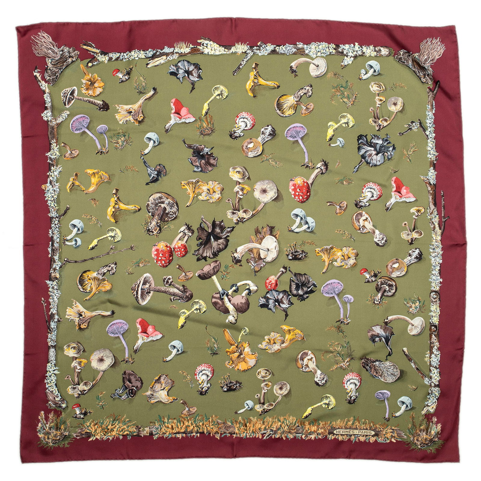 Hermès Champignons Silk Scarf: Hermès "Champignons" silk scarf, designed by A. Gavarni/Françoise De La Perriere Square: 35.5 in. Condition AA; perfect condition, has barely been used