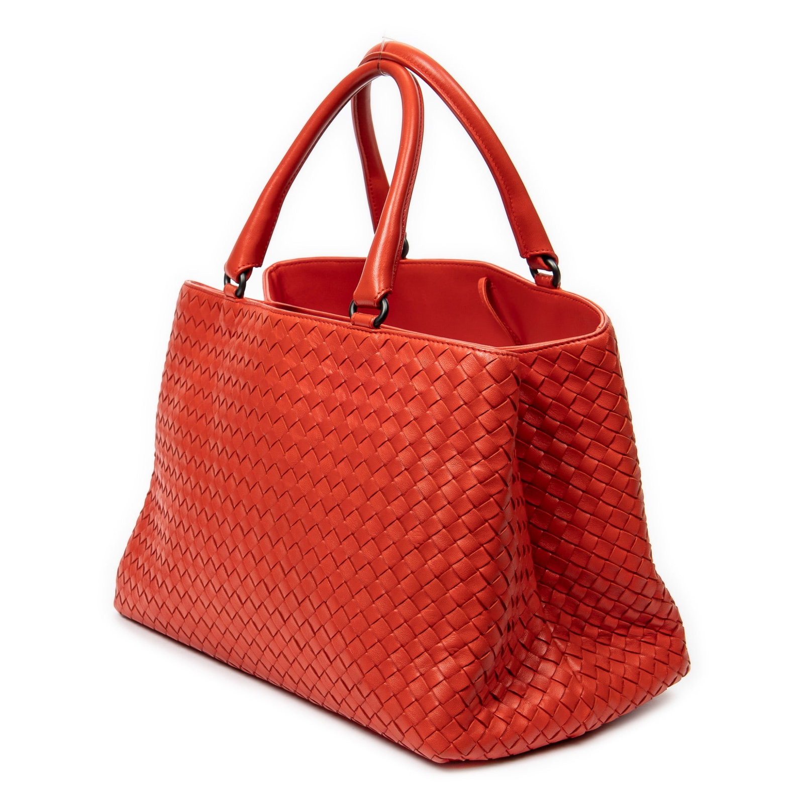 Bottega Veneta Milano Tote Shoulder Bag: Bottega Veneta Milano Tote shoulder bag in red Intrecciato leather, with red leather handles, and aged brass hardware, marked B0031678U; third-party authenticated 15 in. x 8.75 in. x 7.75 in.