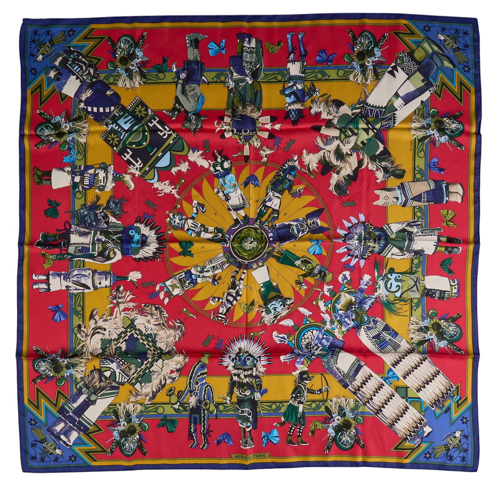 Kermit Oliver / Hermes, "Kachinas" Scarf: Kermit Oliver (Texas, b. 1943) designing for Hermès Paris, "Kachinas", silk square scarf with blue and red colorway Square 35 in. Condition AA; perfect condition, has