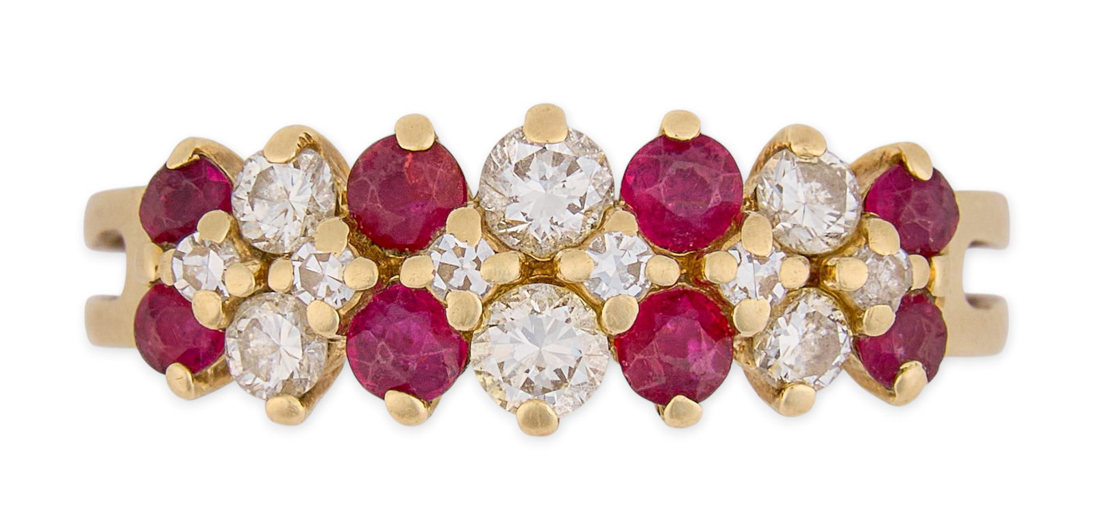 14K Ruby & Diamond Ring: 14K yellow gold (tested) ring, set with alternating round cut diamonds and rubies, 0.5 ctw diamonds, 0.5 ctw rubies Size: 5.75 Total weight: 3.7 g Provenance: Property from a home in San Antonio,