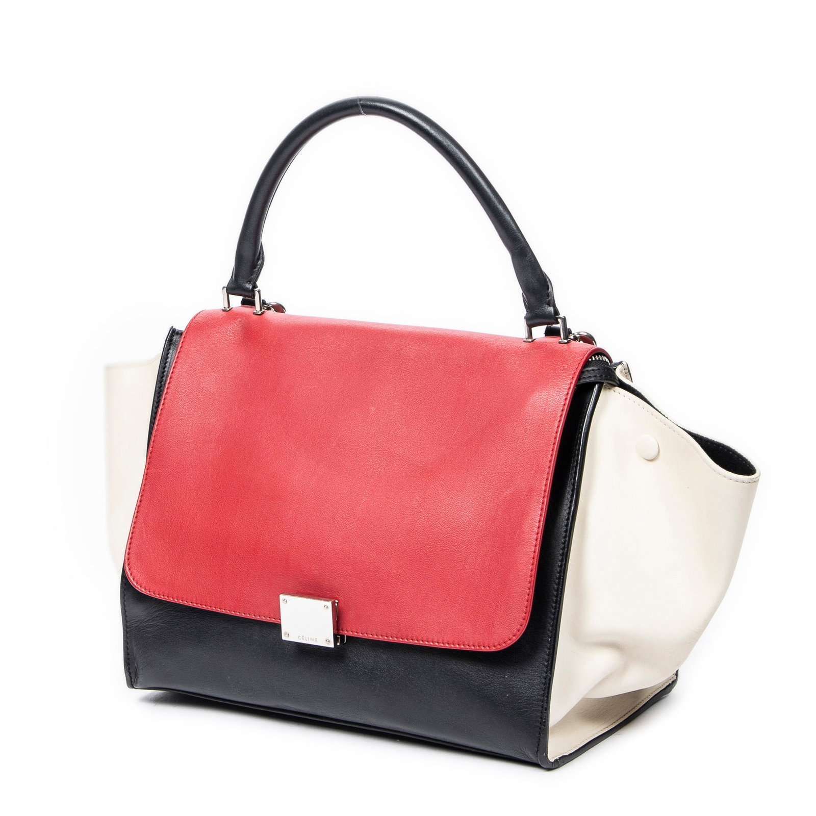 Celine Medium Tricolor Trapeze Shoulder Bag: Celine Medium Tricolor Trapeze shoulder bag in red, beige, and black smooth calfksin leather with black leather handle, and silver hardware, marked U-AT-0113 U-PA-0133; includes strap; third-party