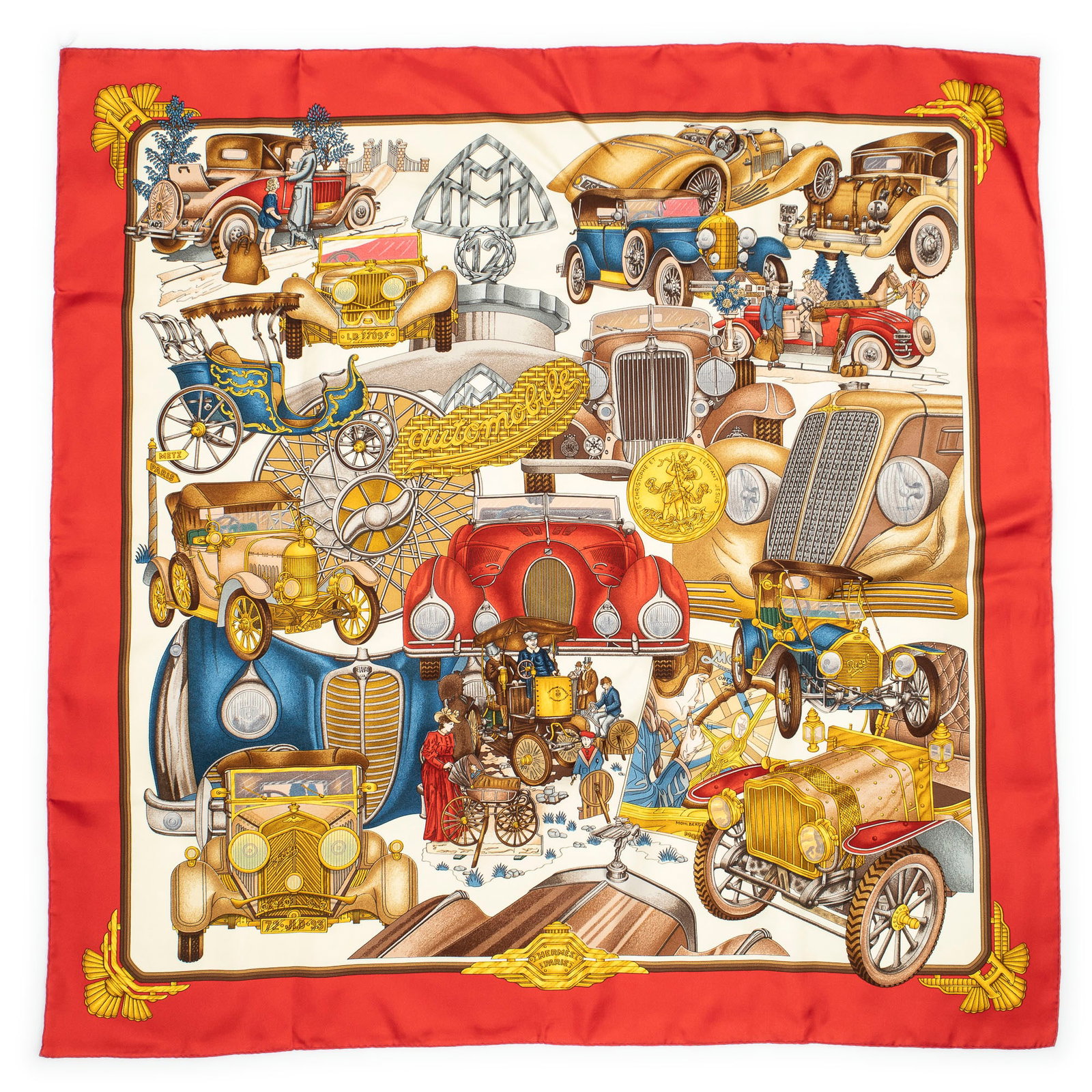 Hermès Automobile Silk Scarf: Hermès "Automobile" silk scarf, designed by Joachim Metz, includes box Square: 35.5 in. Condition AA; perfect condition, has barely been used