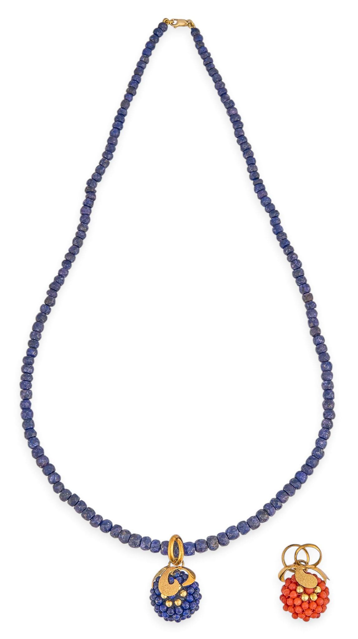 Basilio Liverino 18K Berry Pendant Necklace: Basilio Liverino beaded sapphire necklace with 18K gold clasp and hardware, featuring two berry motif pendants, both pendants and clasp marked "750" Length: 18 in. Total weight: 27.7 g