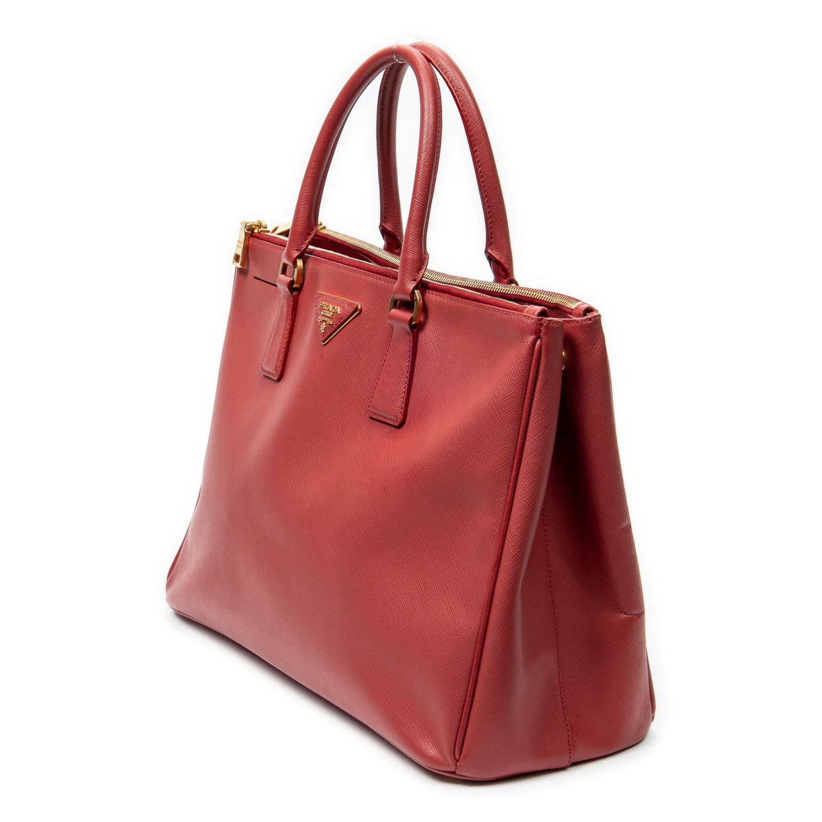 Prada Large Galleria Double Zip Tote Handbag: Prada Large Galleria Double Zip Tote handbag in red Saffiano leather, with red leather handles, and golden hardware, marked 208, includes charm in clochette; third-party authenticated 15 in. x 9.75