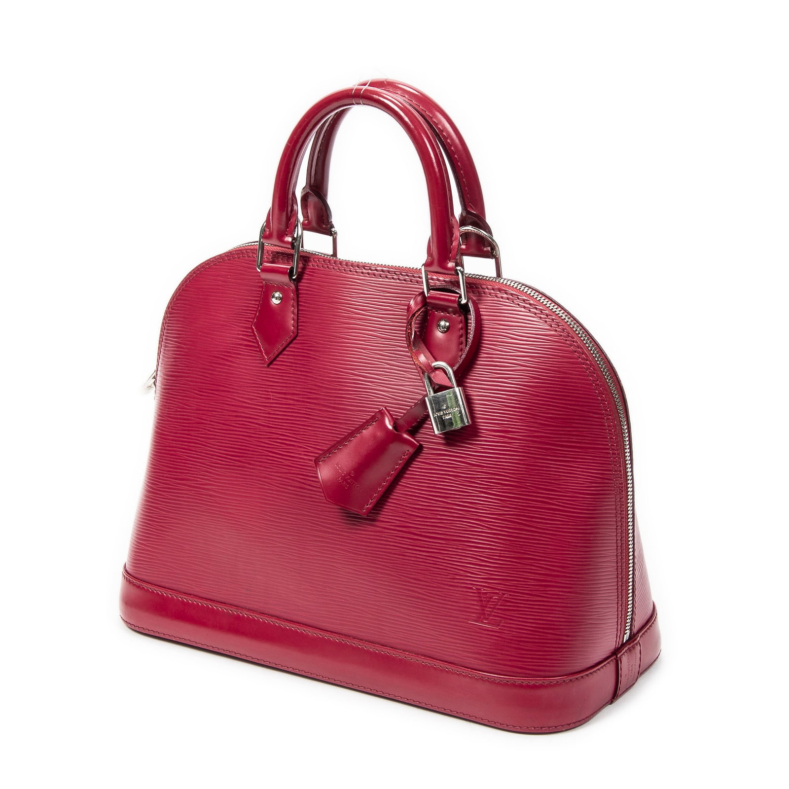 Louis Vuitton Alma PM Handbag: Louis Vuitton Alma PM handbag in fuchsia Epi leather, silver brass hardware, marked BA3183 (38th Week of 2013), includes cadenas, keys in clochette; third-party authenticated 11.75 in. x 9 in. x 6