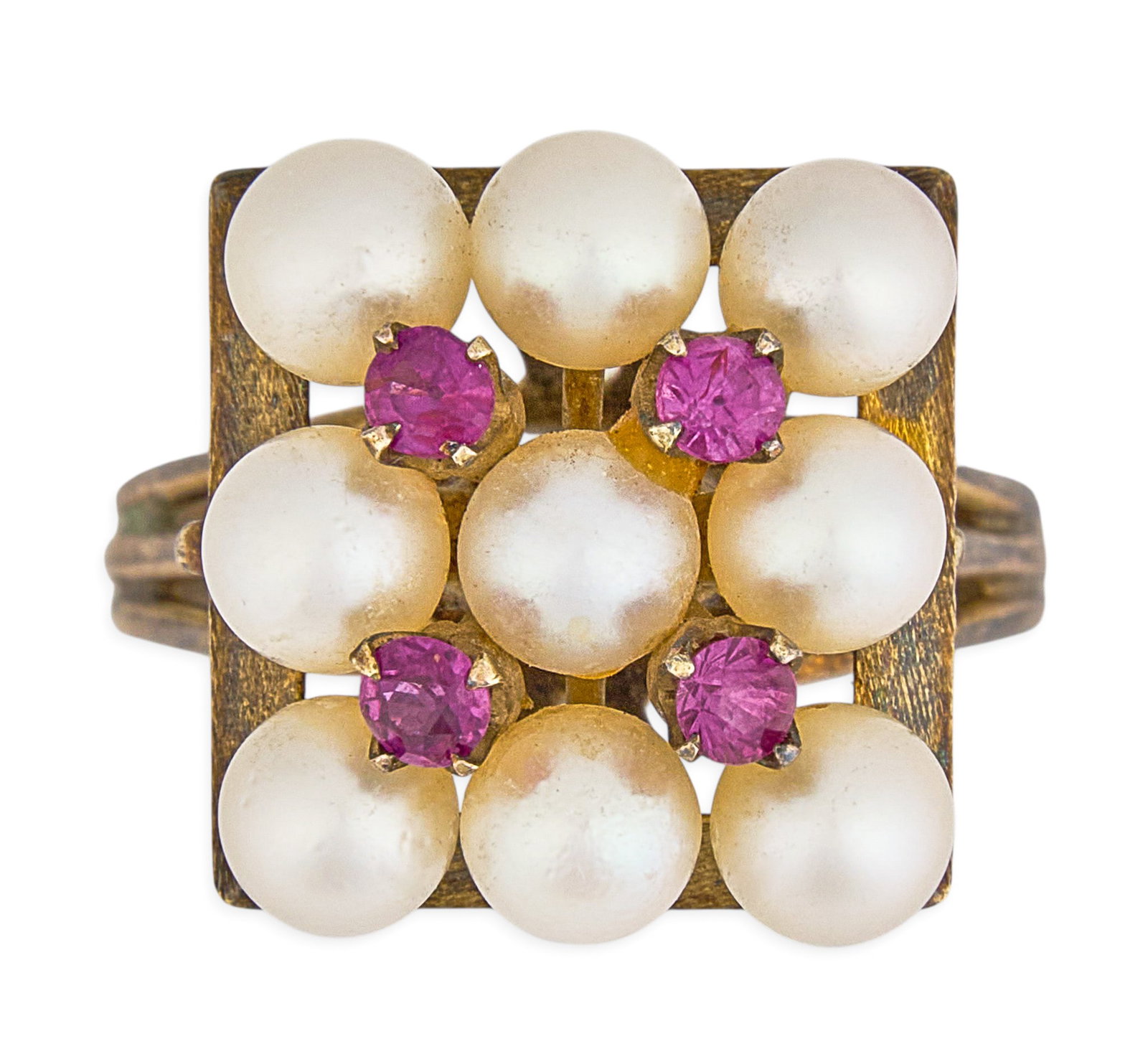 Vintage 9K Pearl Gemstone Ring: Vintage 9K gold (tested) ring set with nine pearls, approximately 4.33 mm, accented by four round faceted rubies, marked "14K" Size: 4 1/2 Total weight: 4.18 g Provenance: Property from a
