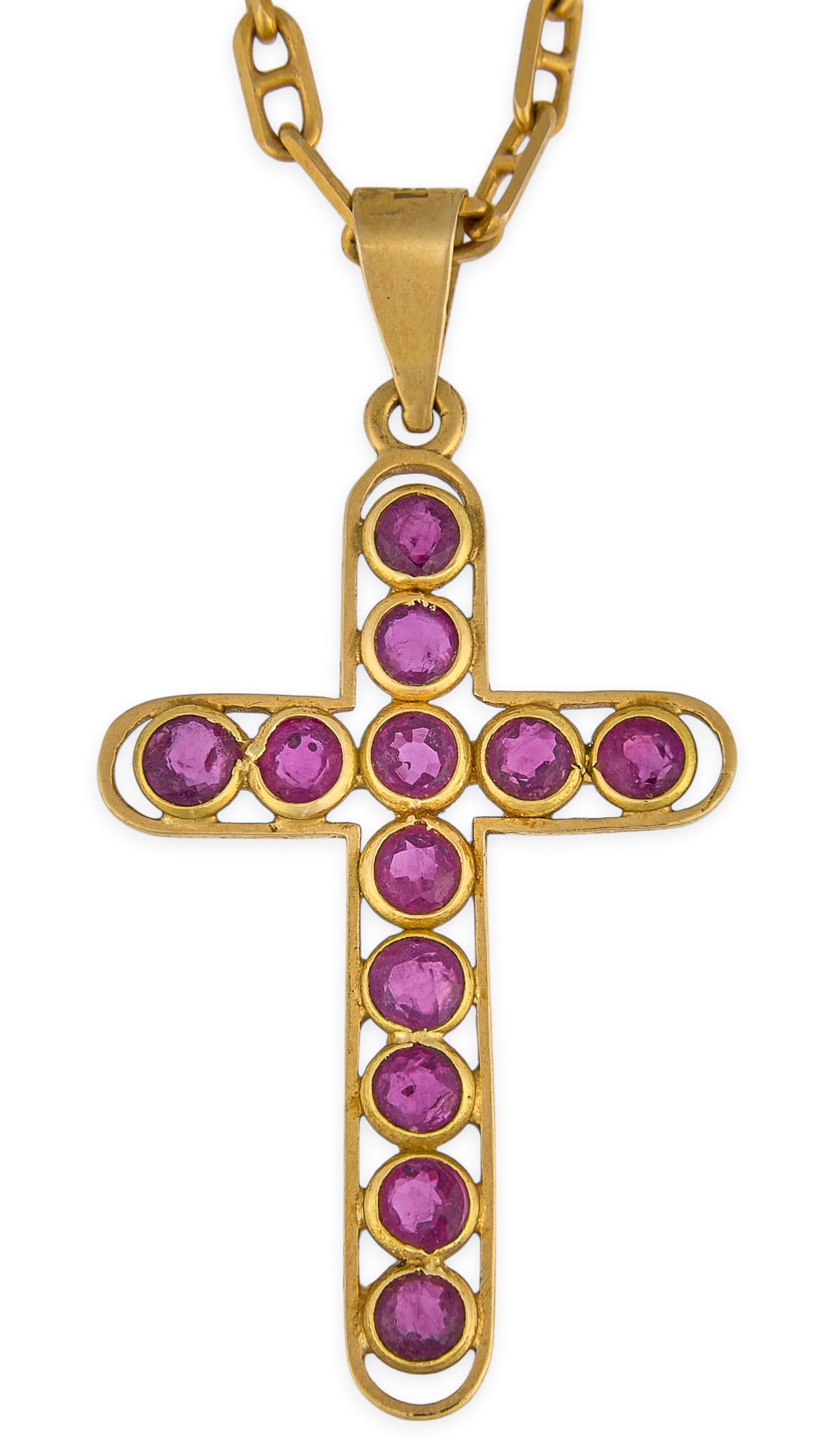 18K/14K Ruby Cross Pendant Necklace: 18K cross pendant set with twelve round-cut rubies in bezel settings, marked "18K", on a 14K gold chain, clasp marked "14K" Length: 18 in. Total weight: 5.18 g Provenance: