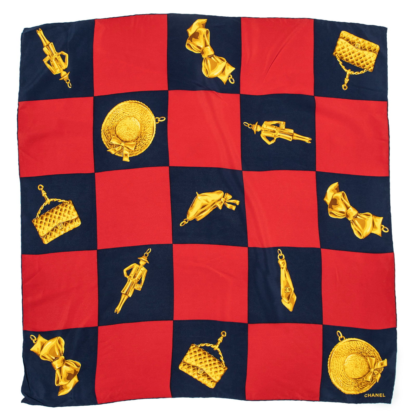 Chanel Iconic Fashion Charms Checkerboard Motif Silk Scarf: Chanel "Iconic Fashion Charms Checkerboard Motif" silk scarf Square: 33.5 in. Condition A; excellent condition, shows little signs of wear