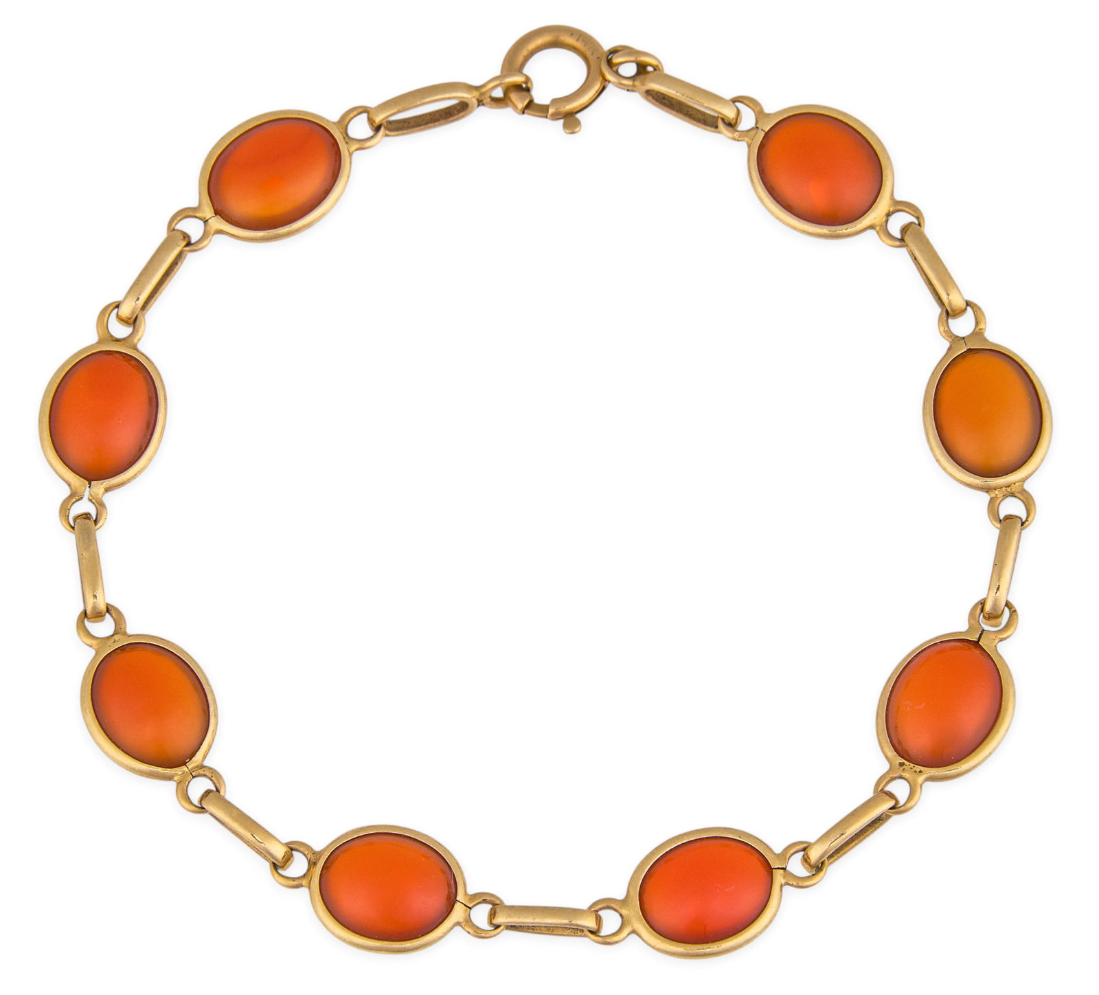 14K Carnelian Station Bracelet: 14K gold station bracelet set with eight bezel-set carnelian cabochons, clasp marked "14K" Length: 7.5 in. Total weight: 8.6 g