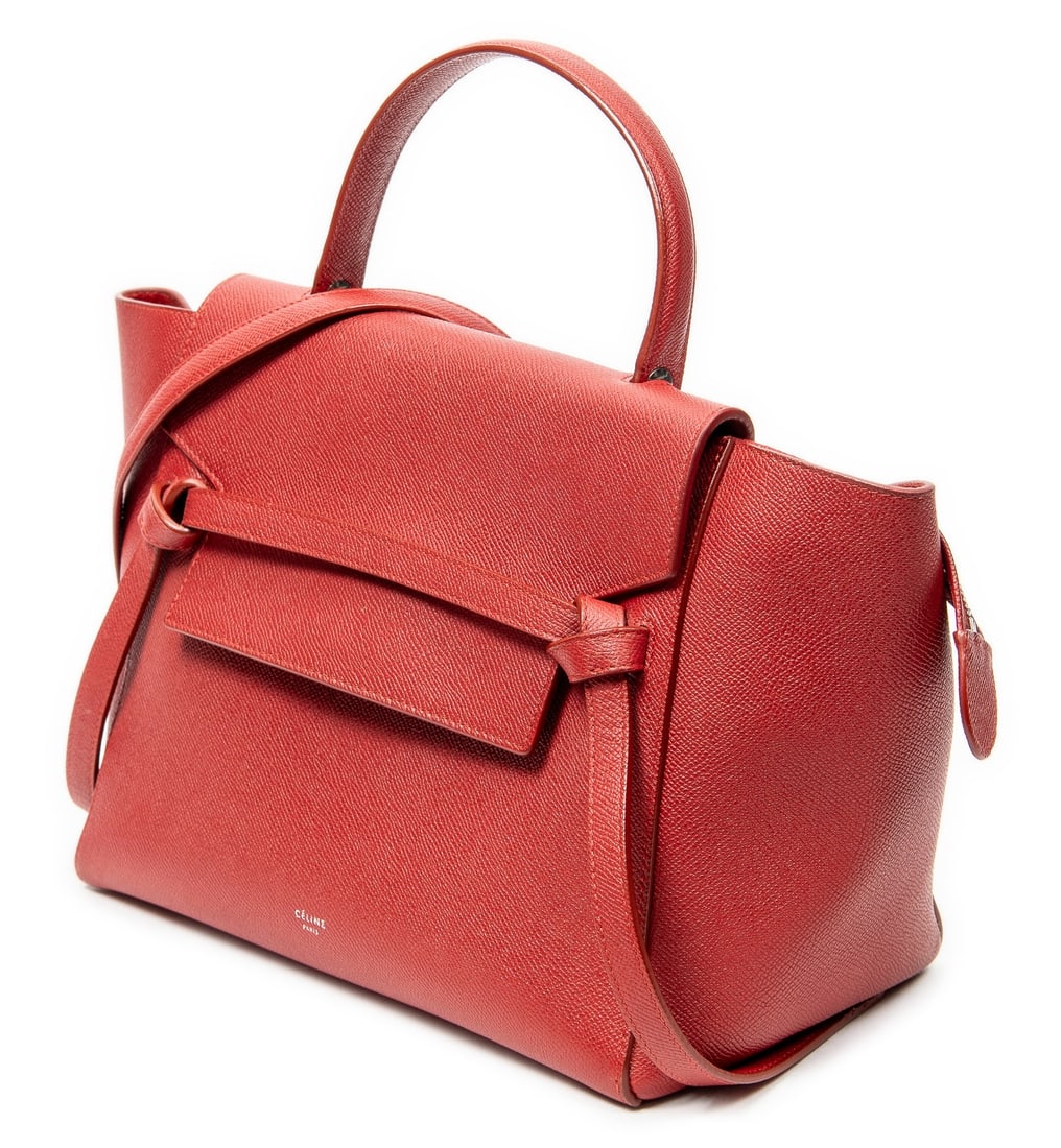 Celine Mini Belt Bag: Celine Mini Belt Bag in red grained calfskin leather, silver hardware, marked S-MP-4177, includes long strap; third-party authenticated 11 in. x 9 in. x 6.25 in. Condition A; excellent condition, show