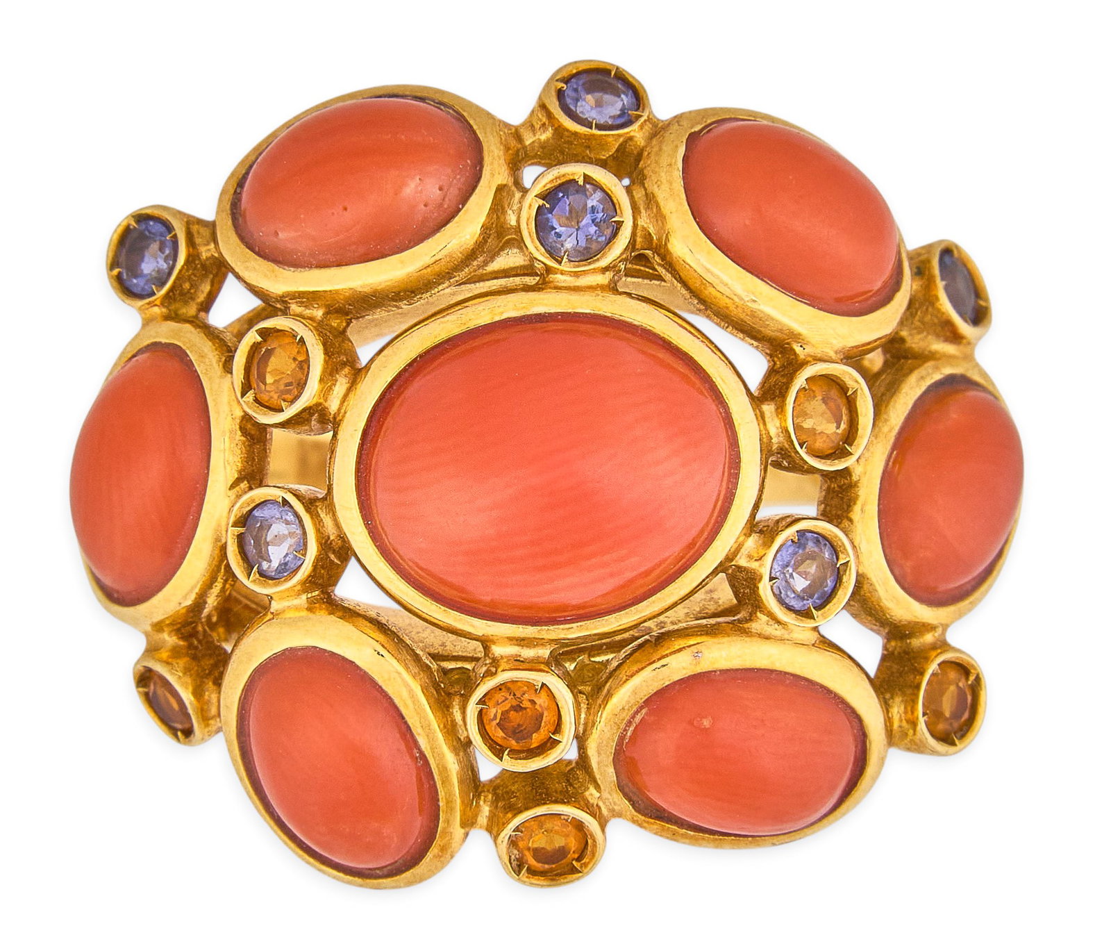 Basilio Liverino 18K Coral Gemstone Ring: Basilio Liverino 18K ring set with coral cabochons, accented by bezel-set round faceted gemstones, marked "750" Size: 6.75 Total weight: 15.1 g Provenance: Property from a home in San A