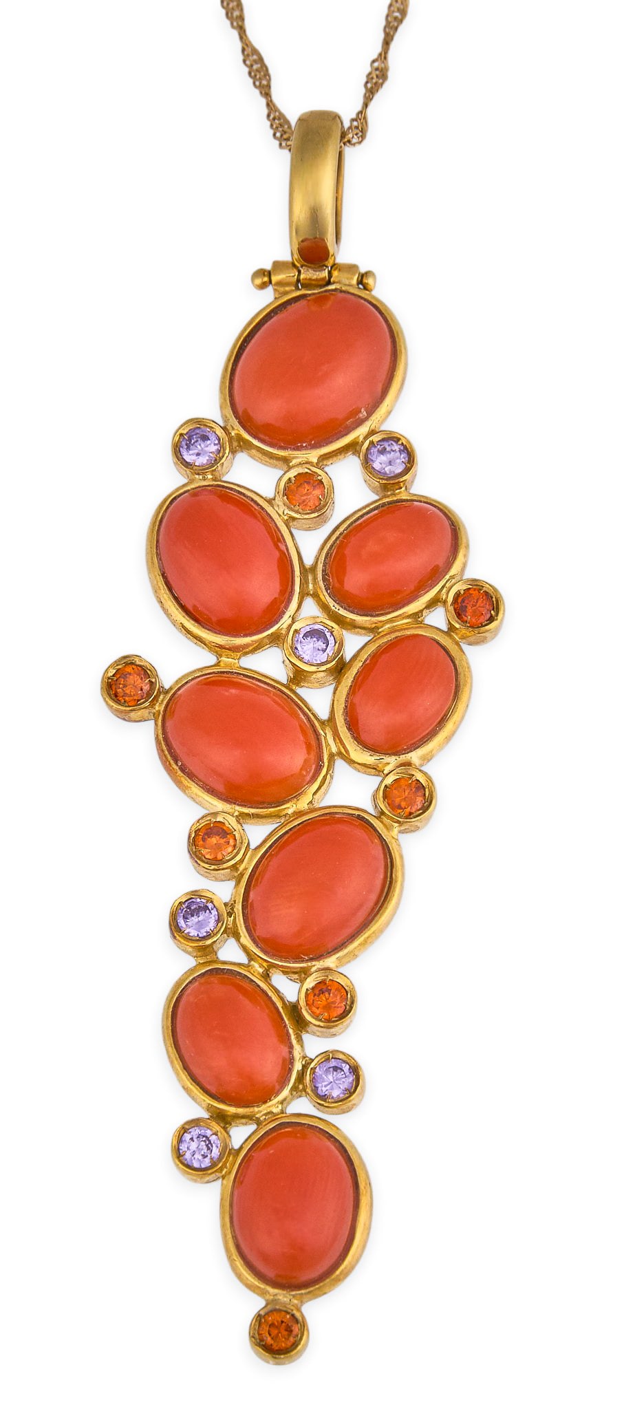 Basilio Liverino 18K Coral Gemstone Necklace: Basilio Liverino 18K pendant necklace set with coral cabochons, accented by bezel-set round faceted gemstones, clasp and pendant marked "750" Length: 17 in. Total weight: 11.4 g Pr
