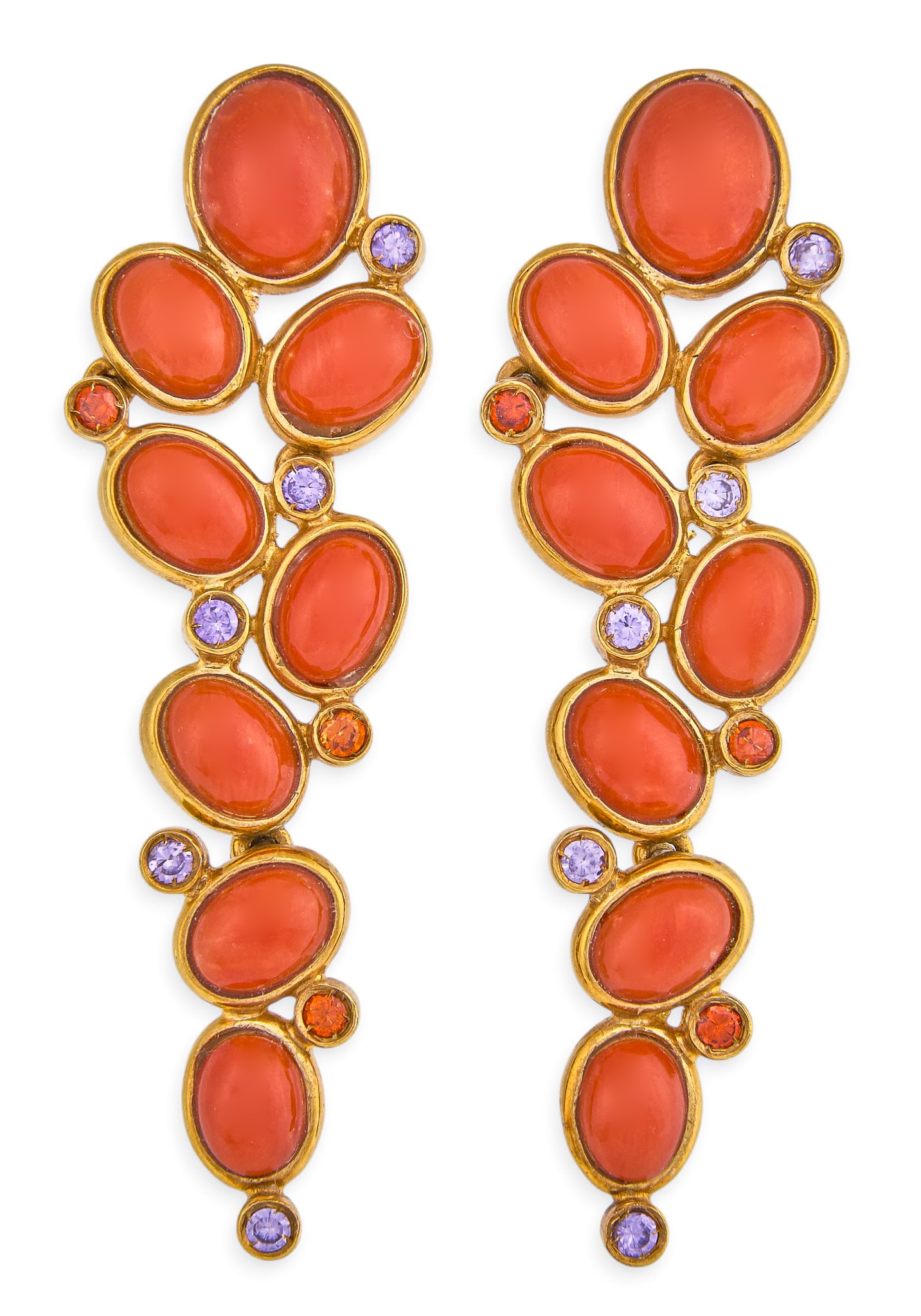 Basilio Liverino 18K Coral Gemstone Earrings: Pair of Basilio Liverino 18K earrings set with coral cabochons, accented by bezel-set round faceted gemstones, marked "750" marked "750" Length: 2.25 in. / each Total wei