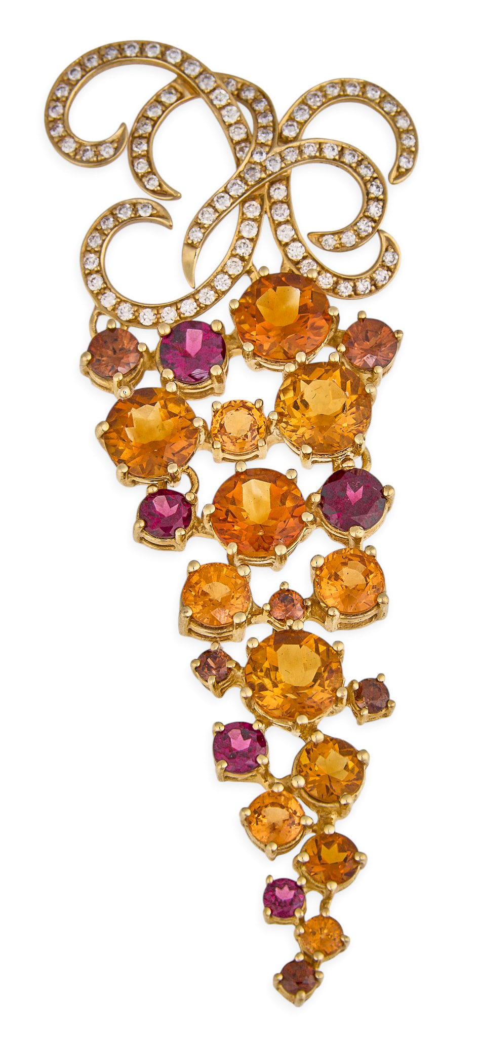 14K Diamond Gemstone Pendant: 14K gold brooch set with various round faceted gemstones, accented by round diamonds in scrolled framework design, marked "14K" Size: 3.25 in. x 1.25 in. Total weight: 17.2 g