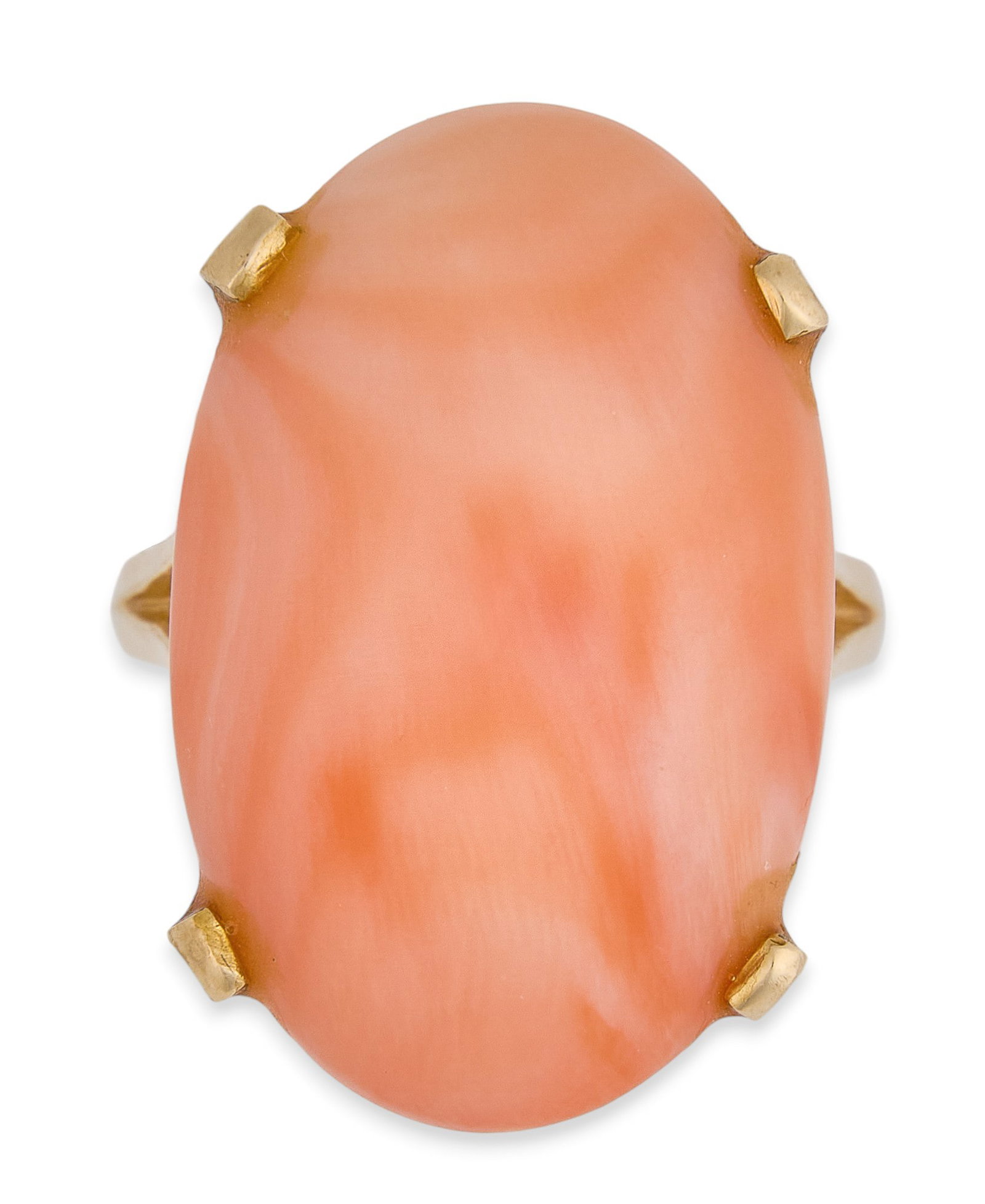 14K Coral Cocktail Ring: 14K gold cocktail ring set with large coral cabochon, marked "14K" Size: 7.5 Total weight: 12.14 g Provenance: Proper
