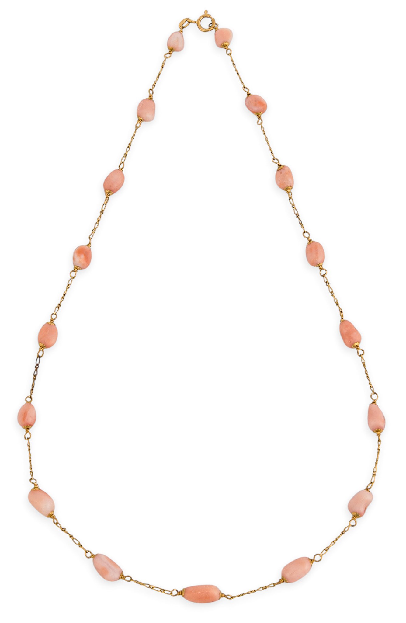 Enzo Liverino 18K Coral Station Necklace: Enzo Liverino 18K gold station necklace, set with coral stones, clasp marked "750" Length: 18 in. Total weight: 8.6 g Provenance: Property from a home in San Antonio, Texas