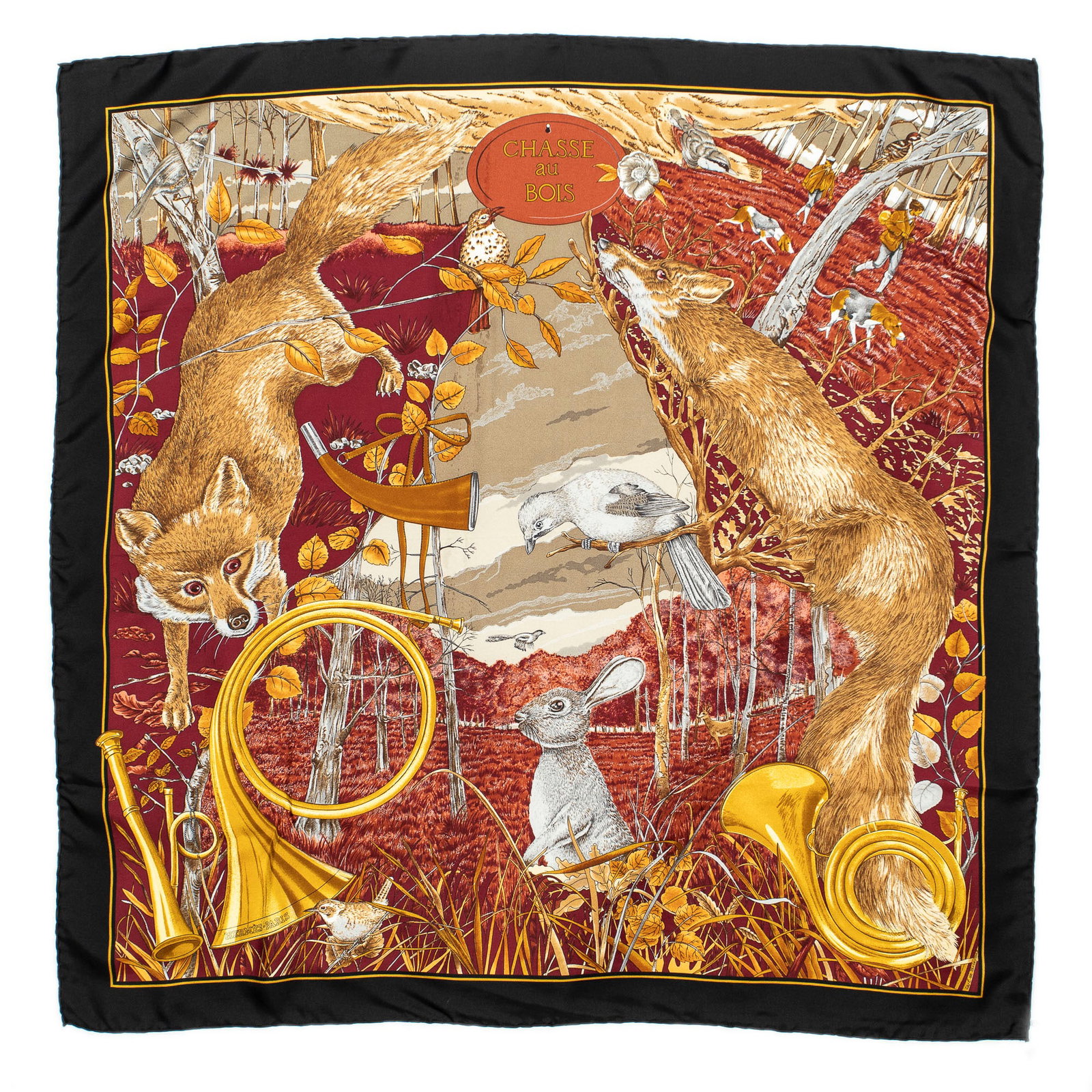 Hermès Chasse au Bois Scarf: Hermès "Chasse au Bois" silk scarf, designed by Carl de Parcevaux Square: 35.5 in. Condition A; excellent condition, shows little signs of wear