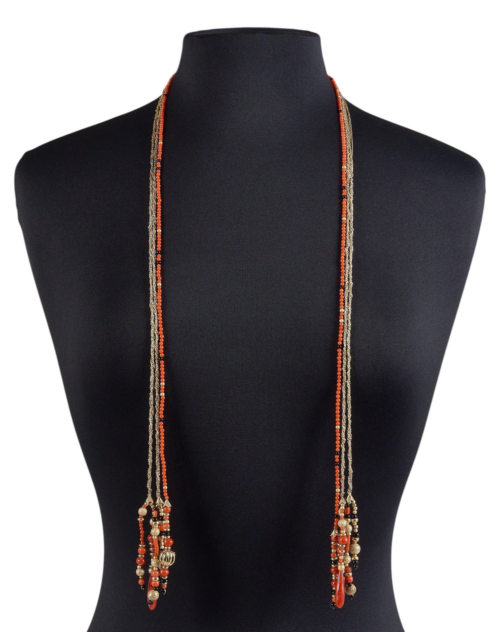 Basilio Liverino Silver & Beaded Coral Lariat Necklace: Basilio Liverino gold-toned sterling silver lariat necklace, featuring coral beadwork, marked "925" Length: 41 in. Total weight: 64.1 g Provenance: Property from a home in San Antonio, 