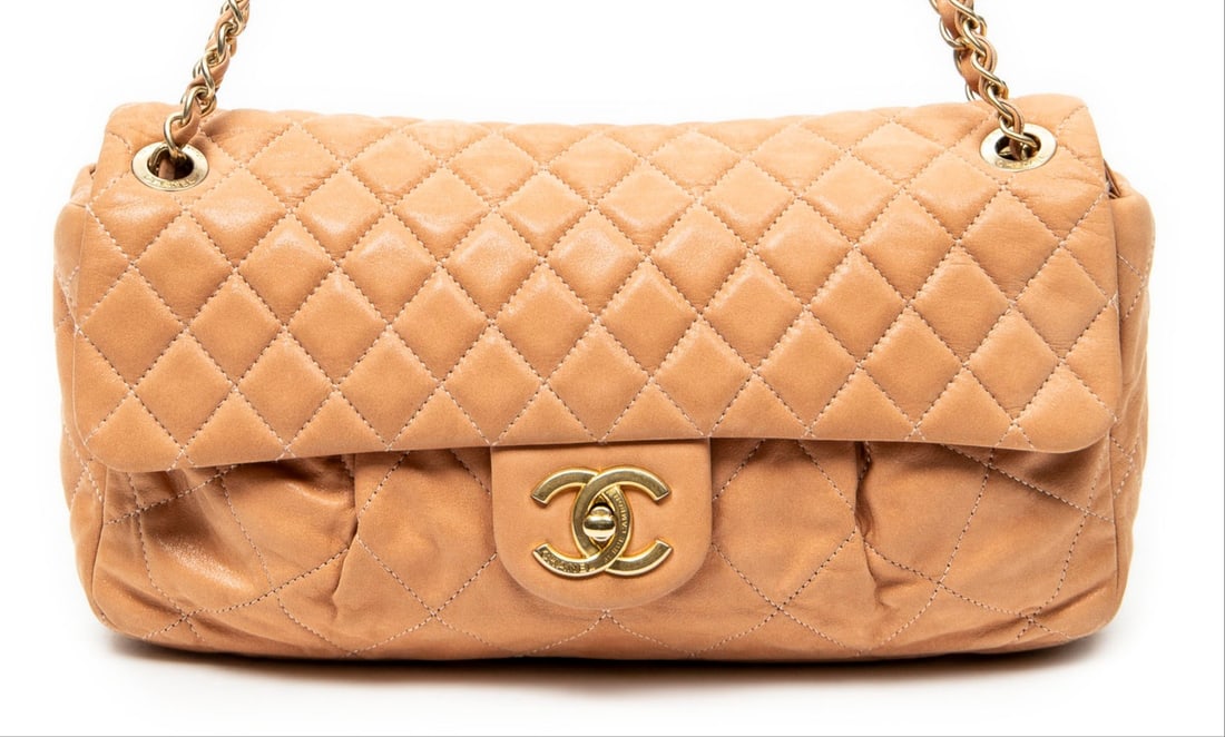 Chanel Coco Pleats Flap Shoulder Bag: Chanel Coco Pleats Flap shoulder bag in tan quilted lambskin leather, gold hardware, marked 15648103 (2011-2012), includes sticker; third-party authenticated 11.5 in. x 6 in. x 2.75 in. Condition A; e