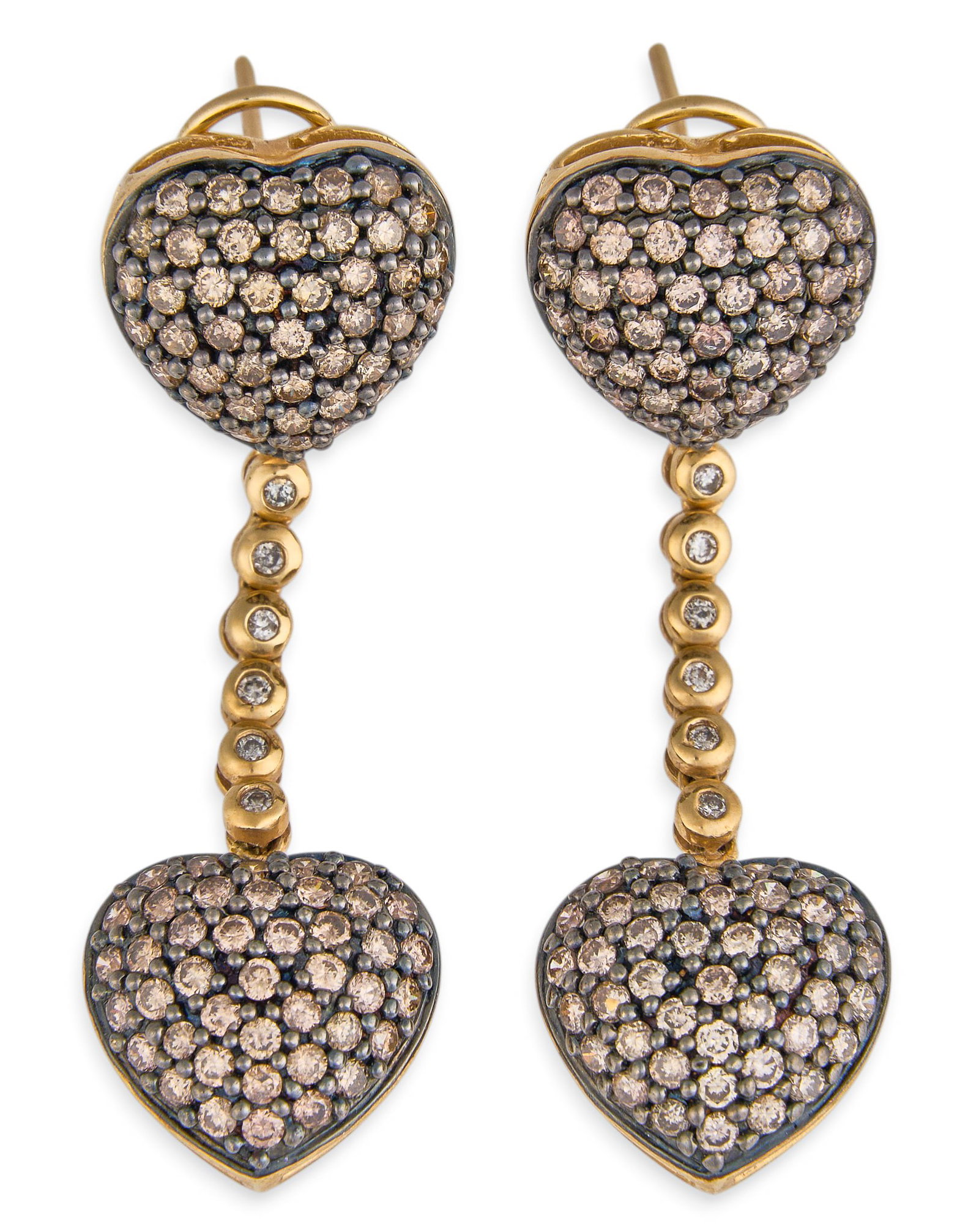 14K Pave Diamond Heart Drop Earrings: Pair of 14K dangle earrings featuring pave-set diamonds in heart motifs, and bezel-set diamond chains, marked "14K" Length: 2 5/8 in. / each Total weight: 10.7 g Provenance: Property fr