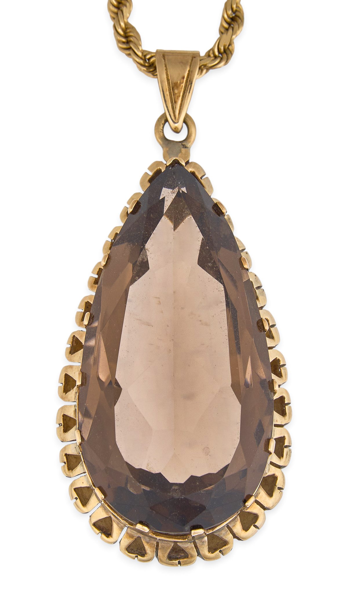 14K Brown Topaz Pendant Necklace: 14K gold pendant necklace set with large brown topaz stone, pendant and clasp marked "14K" Length: 18 in. Total weight: 38.4 g Provenance: Property from a home in Boerne, Texas
