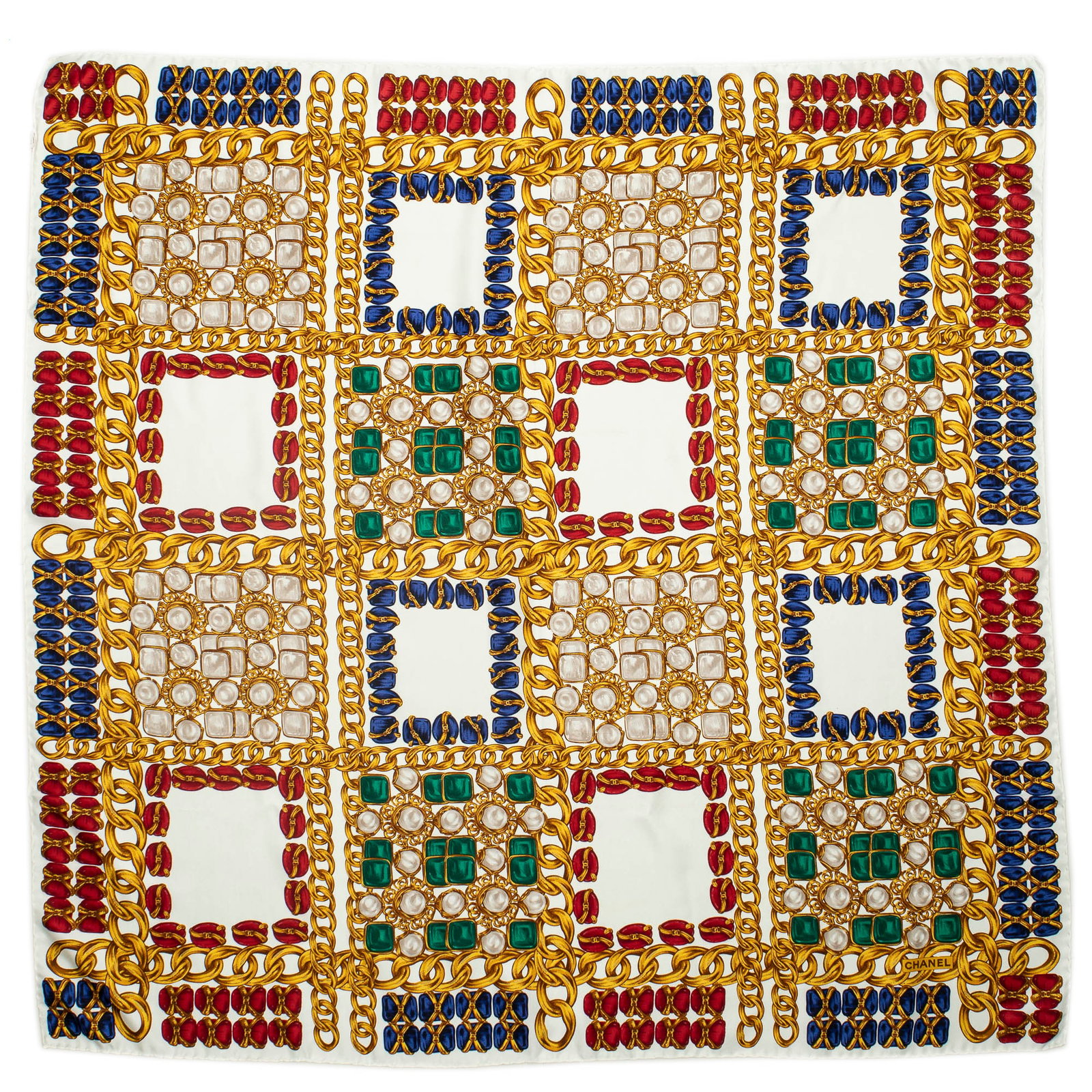 Chanel CC Rhinestone Pearl Motif Silk Scarf: Chanel "CC Rhinestone Pearl Motif" silk scarf Square: 39.25 in. Condition A; excellent condition, shows little signs of wear