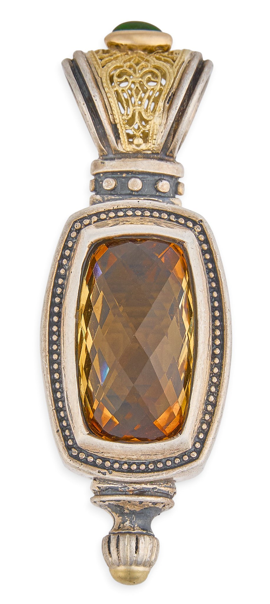 Sterling/18K Citrine Pendant: Sterling silver pendant set with large citrine center stone, accented by bezel-set peridot cabochon detail, and 18K gold filagree design, marked "925 18K" Size: 2 in. x 0.75 in. Total weight