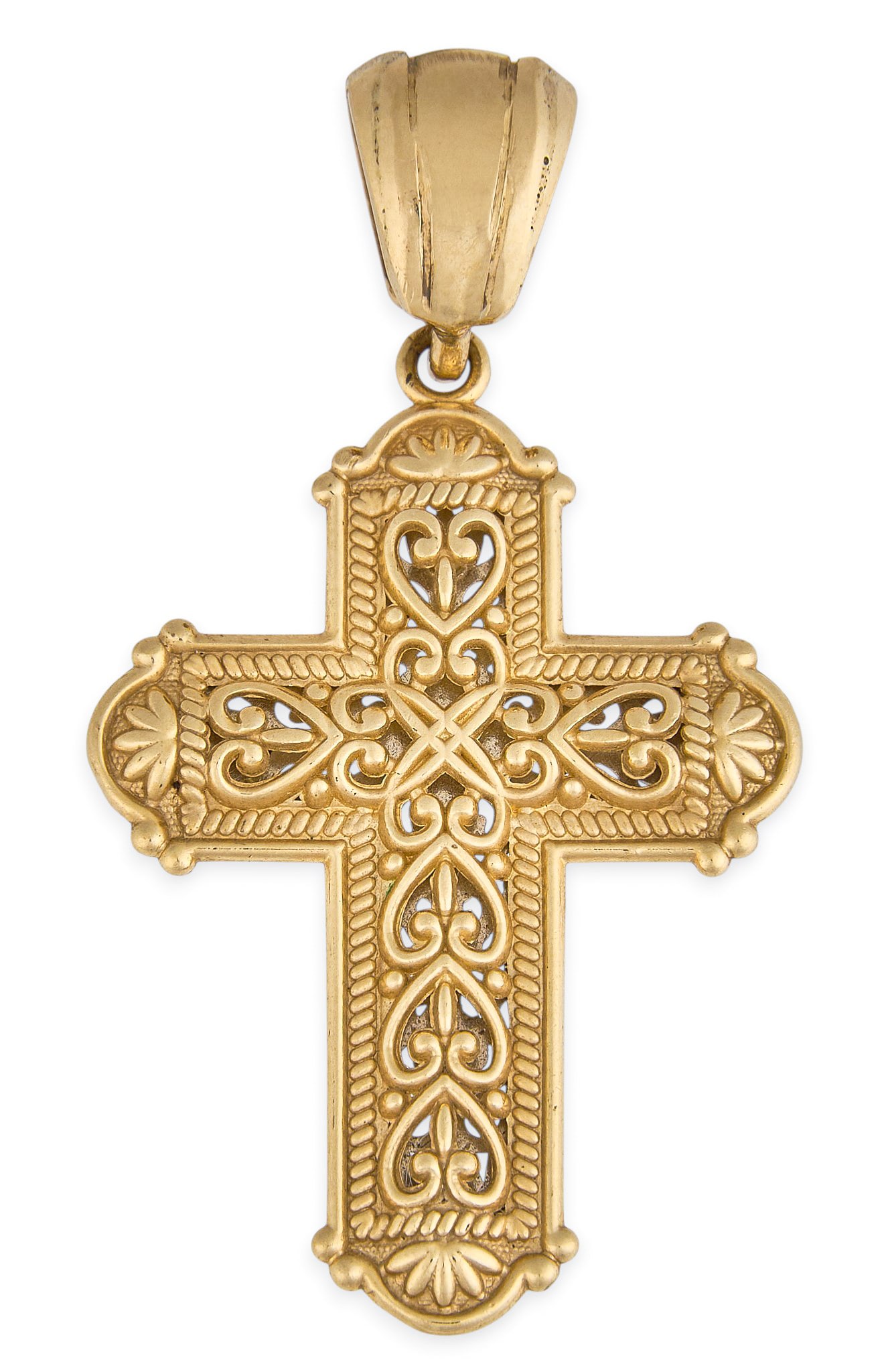 14K Two-Tone Cross Pendant: 14K two-tone gold scrollwork cross pendant, marked "14K" inside bail Size: 1.75 in. x 1 in. Total weight: 5.1 g Provenance: Property from the personal collection of a long-time Alamo