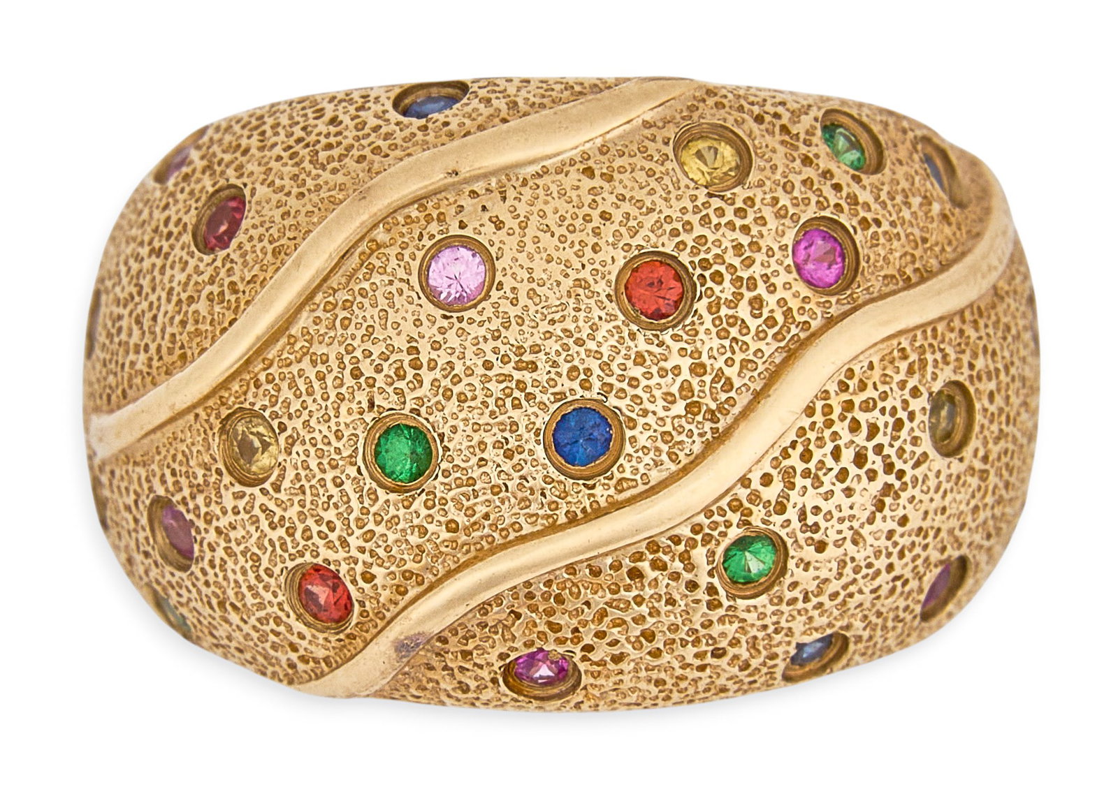 14K Multi-Stone Ring: 14K gold ring with textured design, set with faceted multi-gemstone inlay, marked "14K" Size: 6 Total weight: 7.5 g Provenance: Property from a home in San Antonio, Texas