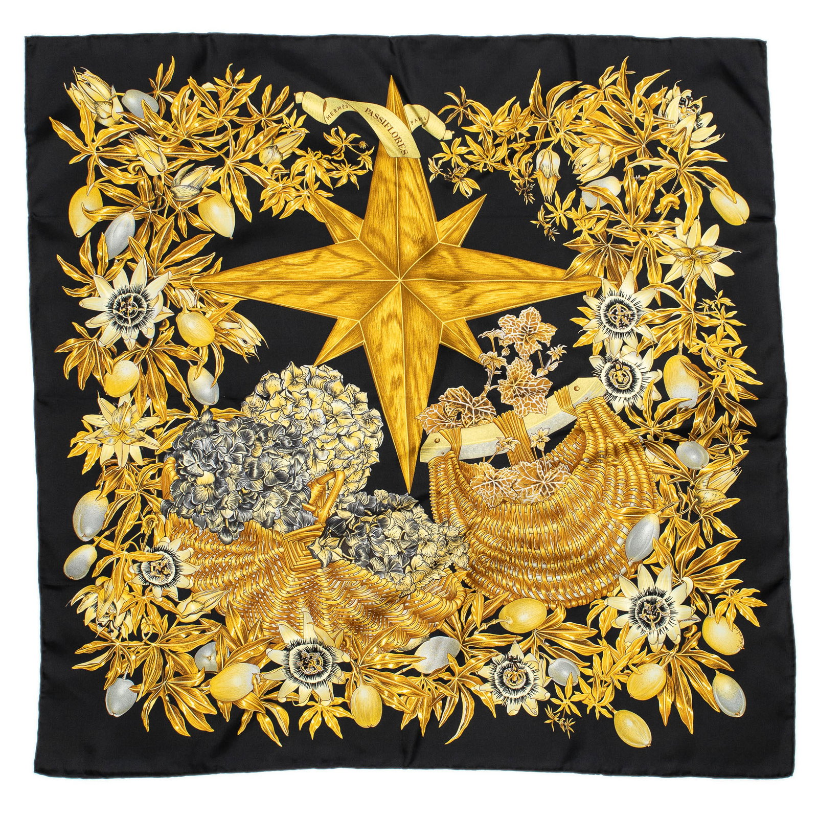 Hermès Passiflores Silk Scarf: Hermès "Passiflores" silk scarf, designed by Valerie Dawlat-Dumoulin, includes box Square: 35.5 in. Condition AA; perfect condition, has barely been used