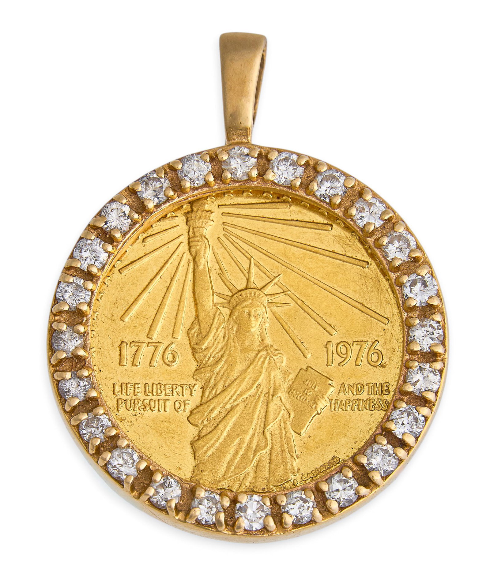 18K Diamond Liberty Coin Pendant: 1976 Bicentennial Statue of Liberty gold coin, housed in an 18K gold (tested) bezel set with halo of round-cut diamonds Size: 1.25 in. x 1 in. / with bail Total weight: 17.5 g Provenance:
