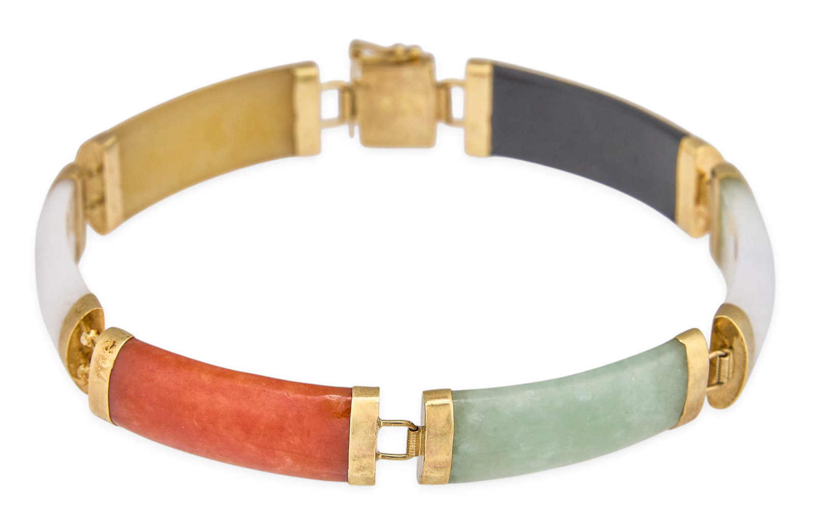 14K Multi-Color Jade Bracelet: 14K gold bracelet composed of multi-color jade, clasp marked "14K 585" Size: 7 in. Total weight: 13.9 g Provenance: P