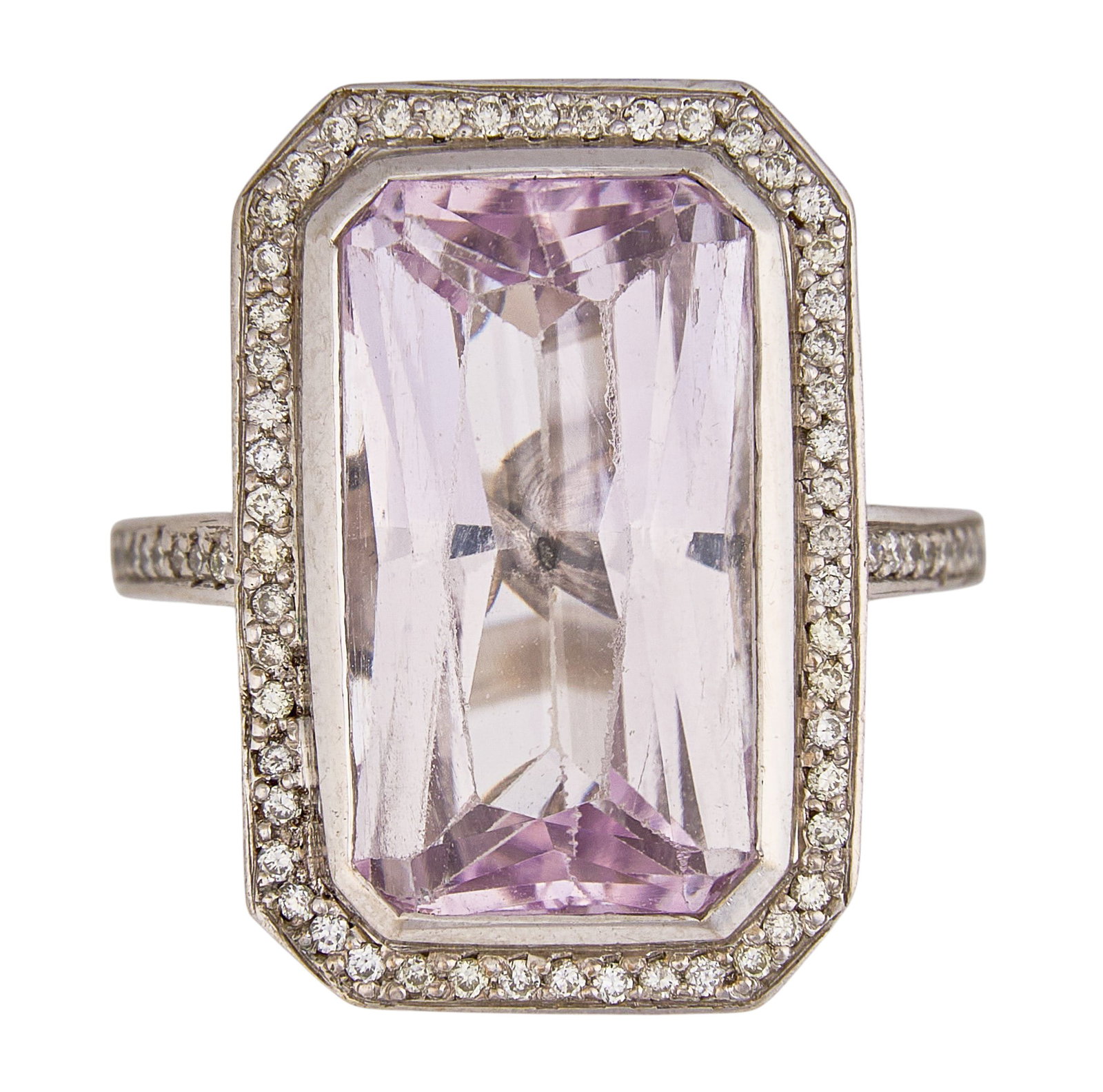 14K Amethyst & Diamond Halo Ring: 14K white gold ring set with emerald-cut amethyst center stone, accented by halo of round brilliant cut diamonds, additional round diamonds to shank, scrolled framework gallery, marked "14K"