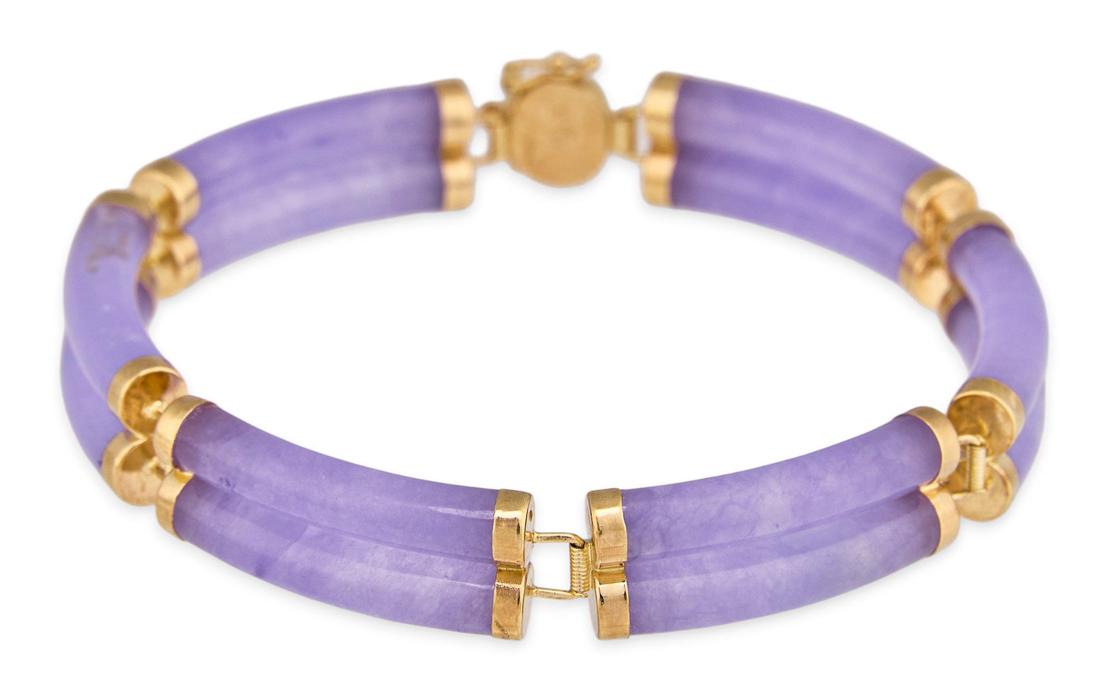14K Lavender Jade Bracelet: 14K gold bracelet composed of two rows of lavender jade links, clasp marked "14K CHINA" Length: 7 in. Total weight: 20.6 g Provenance: Property from a home in the Alamo Heights
