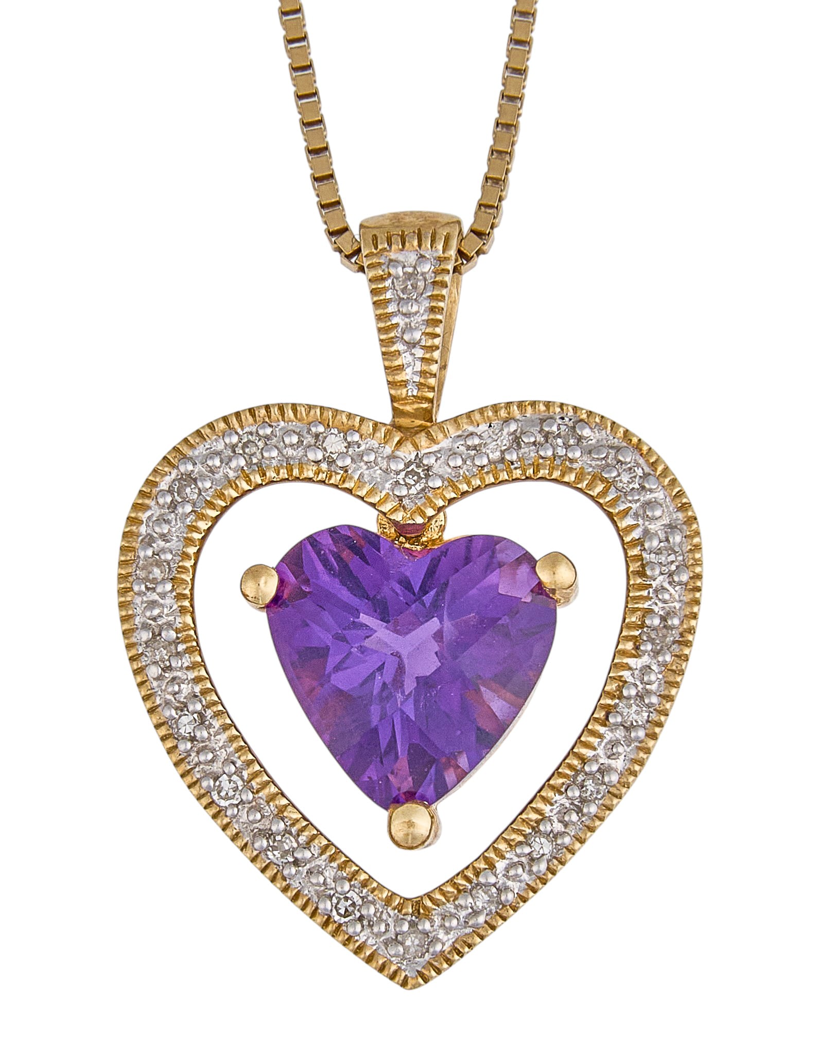 10K/14K Amethyst Heart Pendant Necklace: 10K gold pendant centering a heart-cut faceted amethyst, accented by diamond halo, marked "10K", on a 14K gold chain, marked "14KT ITALY" Size: 18 in. Total weight: 4.0 g