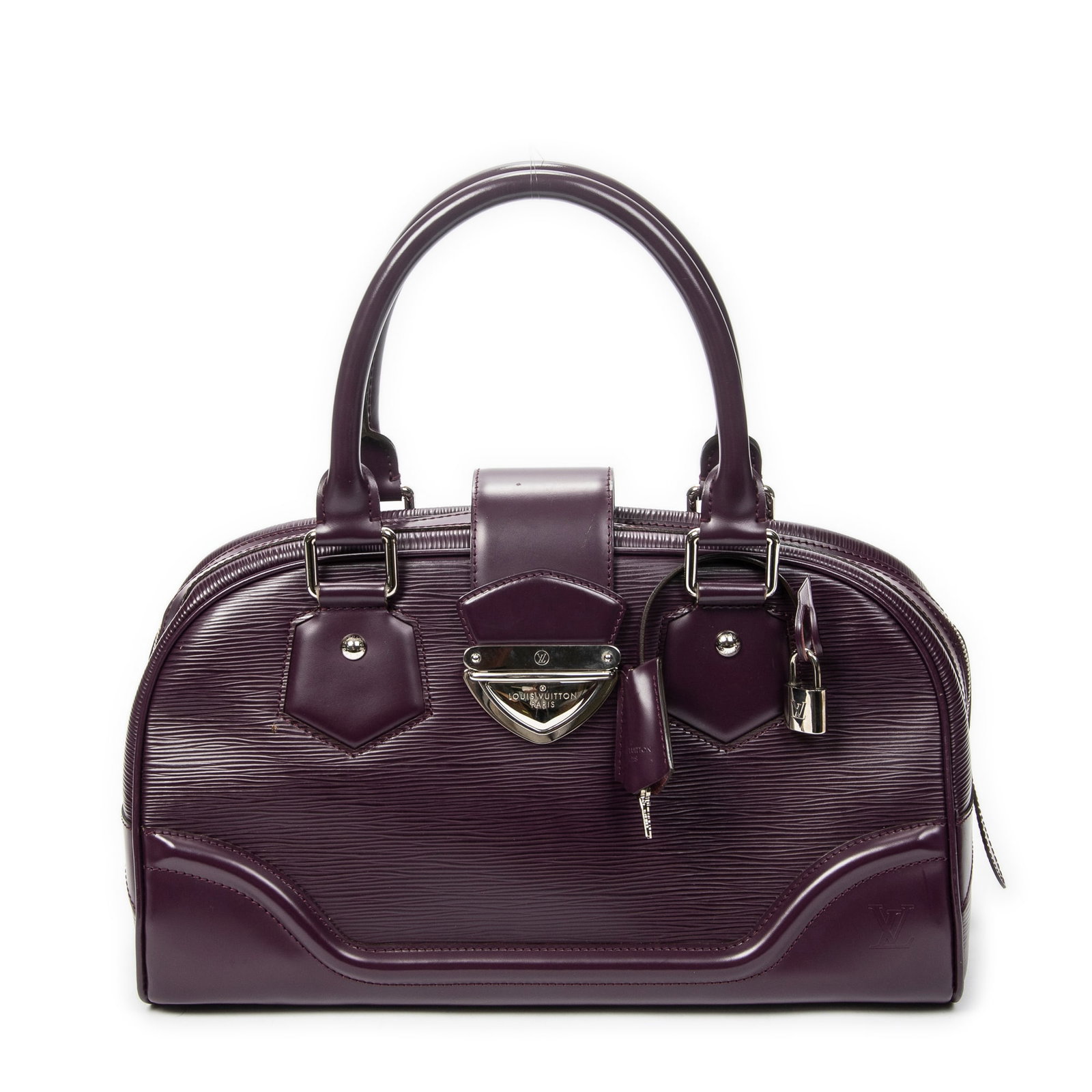 Louis Vuitton Montaigne GM Handbag: Louis Vuitton Montaigne GM handbag in cassis Epi leather, silver brass hardware, marked TH4087 (48th Week of 2007), includes cadenas, keys in clochette; third-party authenticated 14.75 in. x 8.75 in.