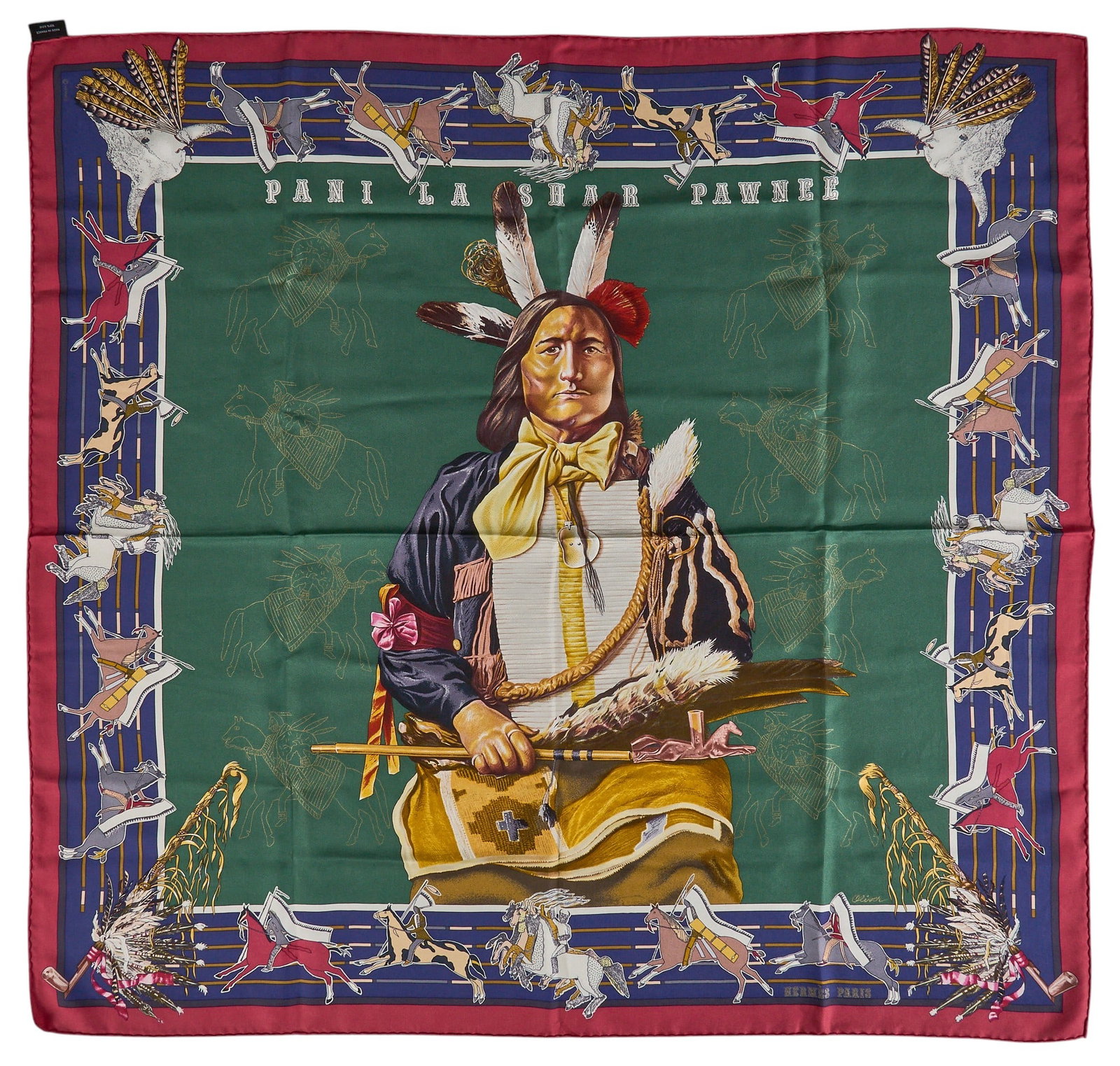 Kermit Oliver / Hermes, "Pani La Shar Pawnee" Silk Scarf: Kermit Oliver (Texas, b. 1943) designing for Hermès Paris, "Pani La Shar Pawnee", silk square scarf, with box Square: 35 in. Condition AA; perfect condition, has barely been