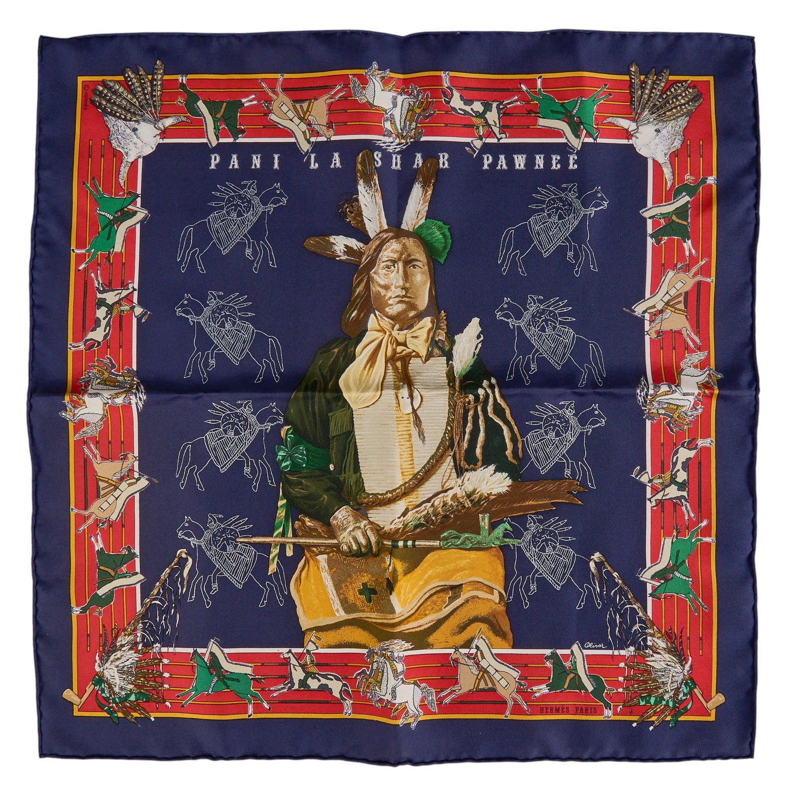 Kermit Oliver / Hermes "Pani La Shar Pawnee" Silk Handkerchief: Hermes "Pani La Shar Pawnee" silk handkerchief, designed by Kermit Oliver Square 16.25 in. Condition A; excellent condition, shows little signs of wear Provenance: Property