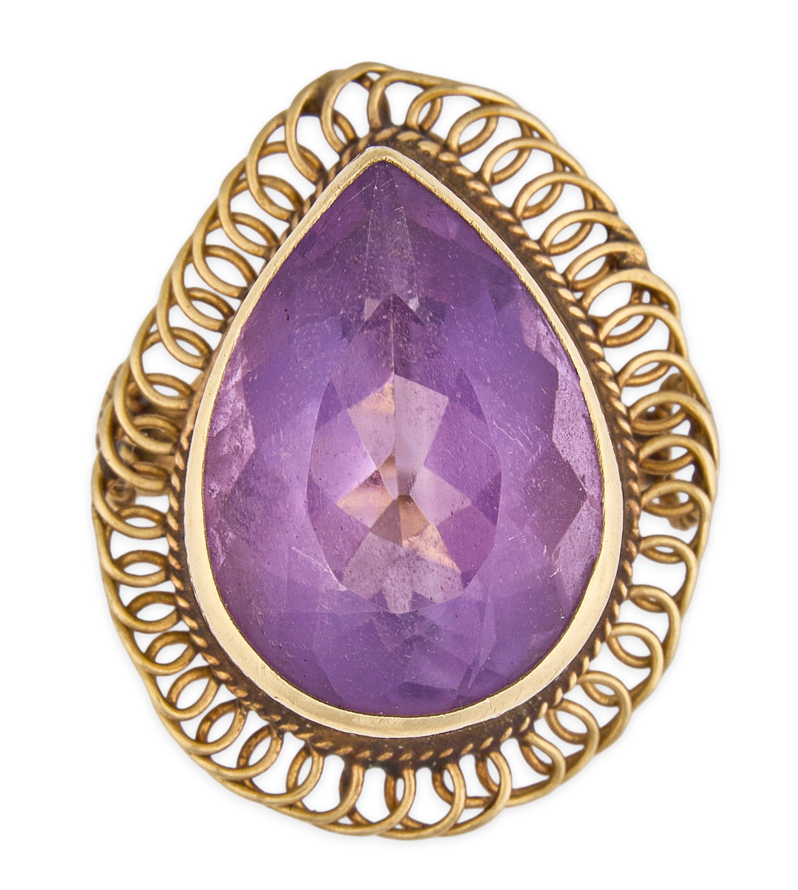 14K Amethyst Cocktail Ring: 14K gold cocktail ring set with large faceted amethyst in a coiled framework halo, marked "14K" Size: 6.5 Total weight: 5.26 g
