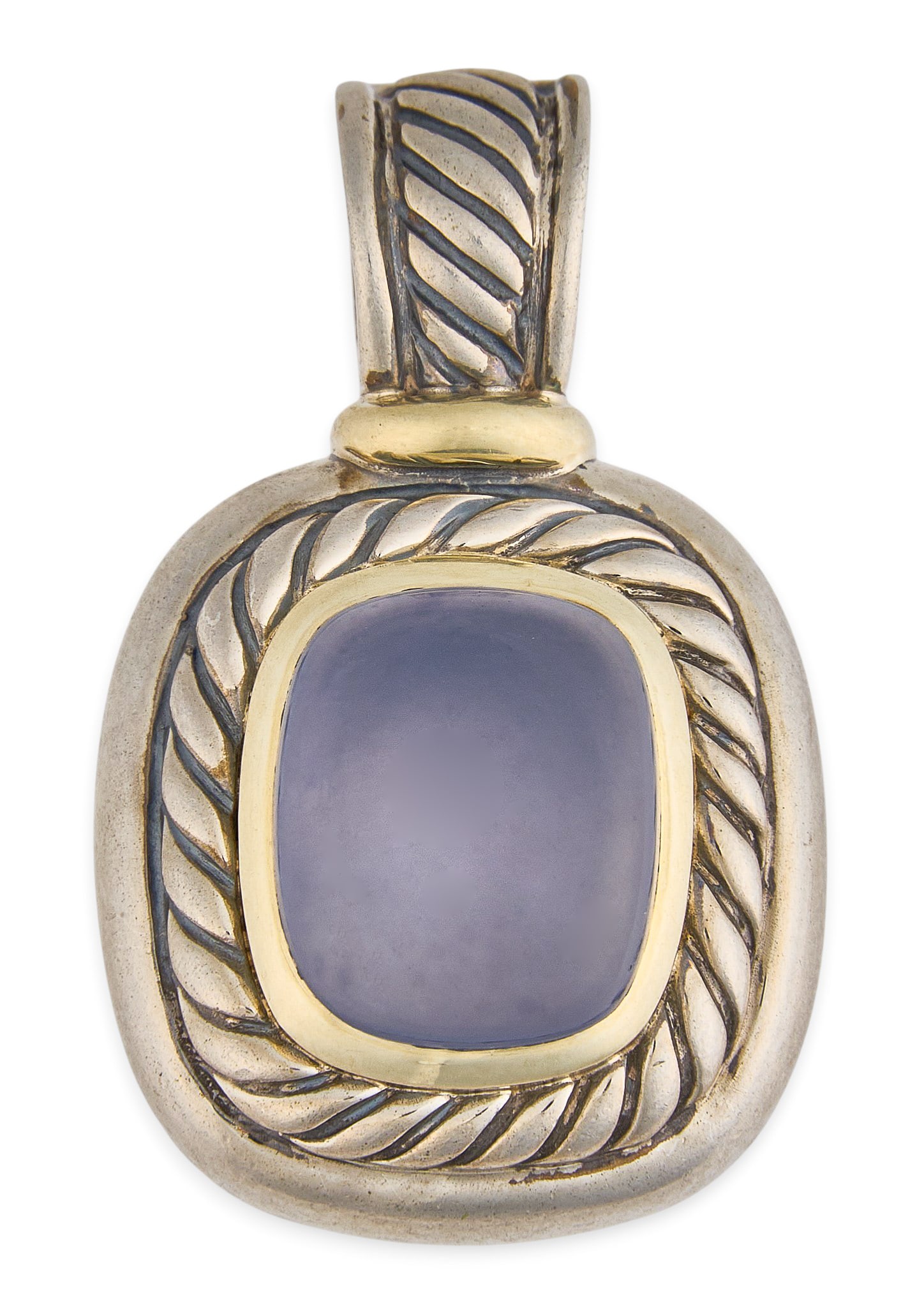David Yurman Sterling/14K Violet Chalcedony Pendant: David Yurman sterling silver pendant set with violet chalcedony cabochon in 14K gold bezel setting, marked "D. YURMAN 925 585" Total weight: 12.37 g